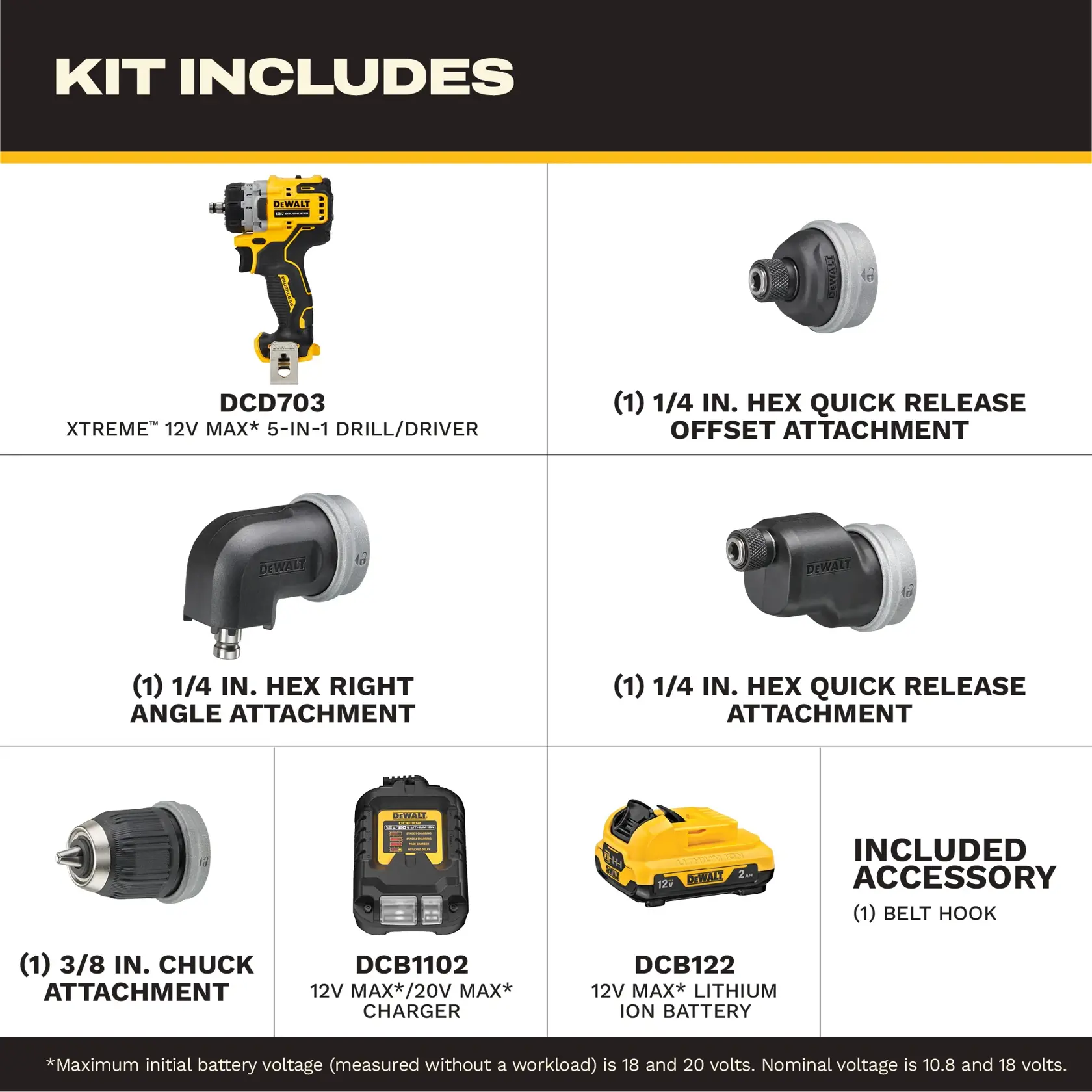 DEWALT drill kit with drill, three attachments, charger, lithium battery, and belt hook, all shown in sections.