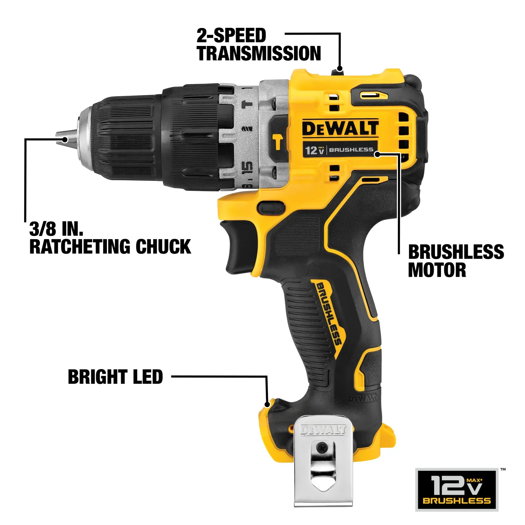 Image of a DEWALT 12V cordless brushless drill with identified features including a 2-speed transmission, 3/8 inch ratcheting chuck, brushless motor, and a bright LED light.
