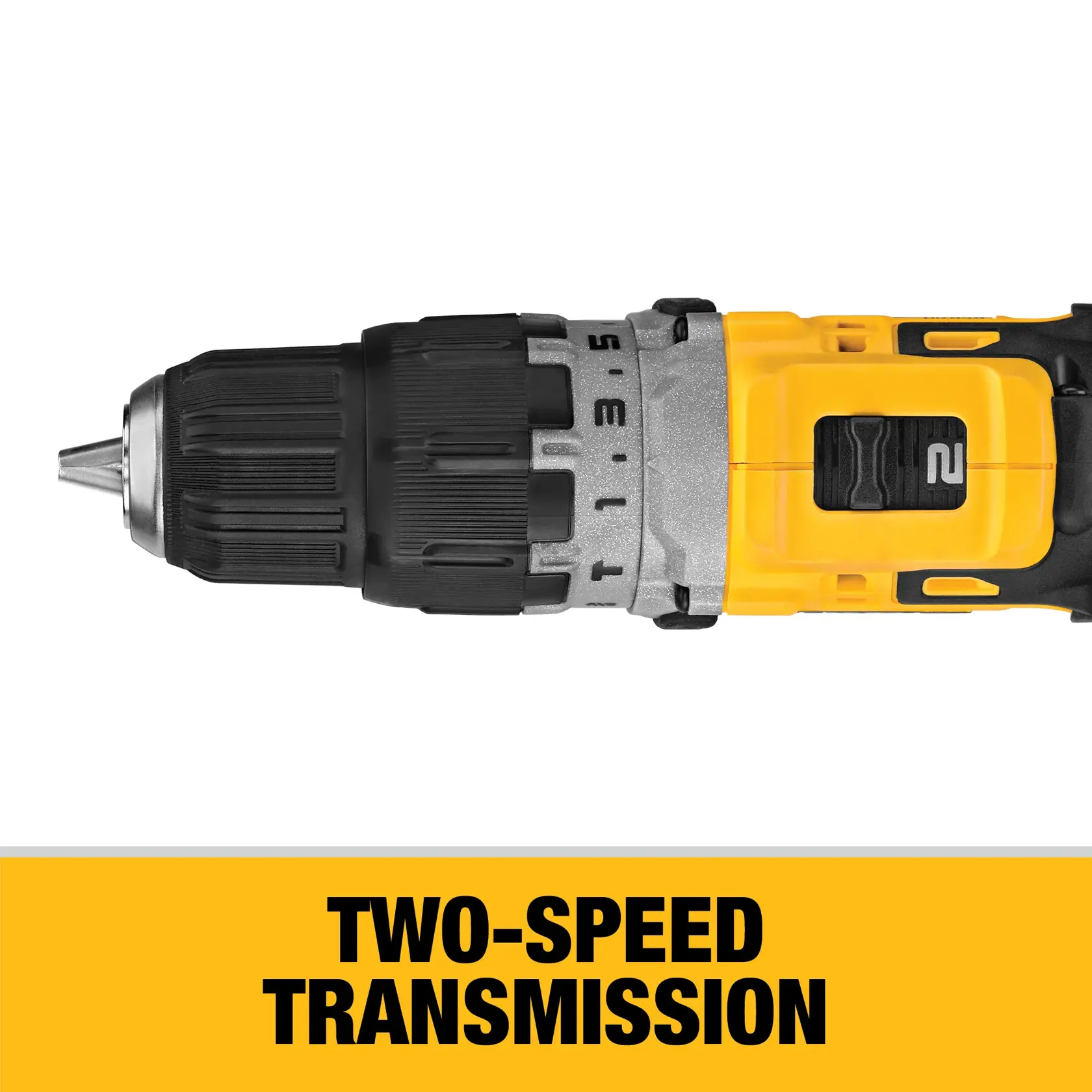 Close-up of a DEWALT cordless drill featuring a two-speed transmission, with the front section of the drill shown above a yellow label stating 'TWO-SPEED TRANSMISSION'.
