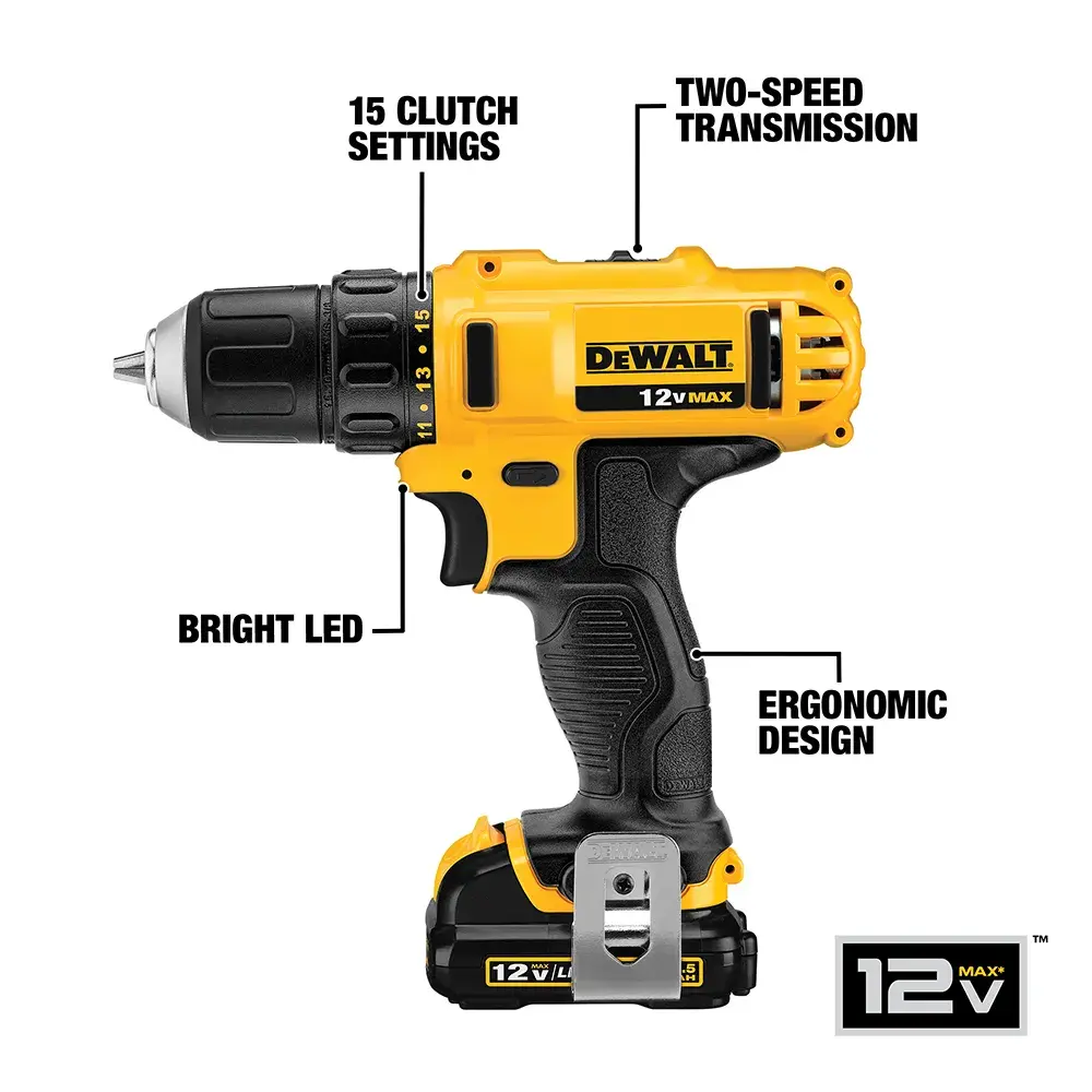 DEWALT 12V cordless drill with labeled features including 15 clutch settings, two-speed transmission, bright LED, and ergonomic design. The drill is yellow and black with a DEWALT logo and a 12V MAX battery.