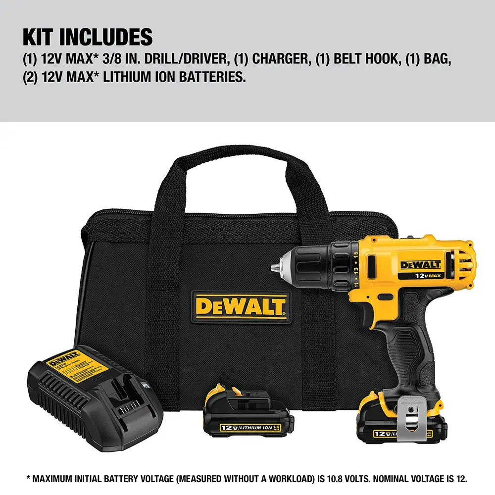DEWALT 12V MAX* 3/8 inch drill/driver kit shown with black and yellow drill, charger, two lithium ion batteries, belt hook, and a black carrying bag with DEWALT logo. The image also includes a list of kit contents above the products.