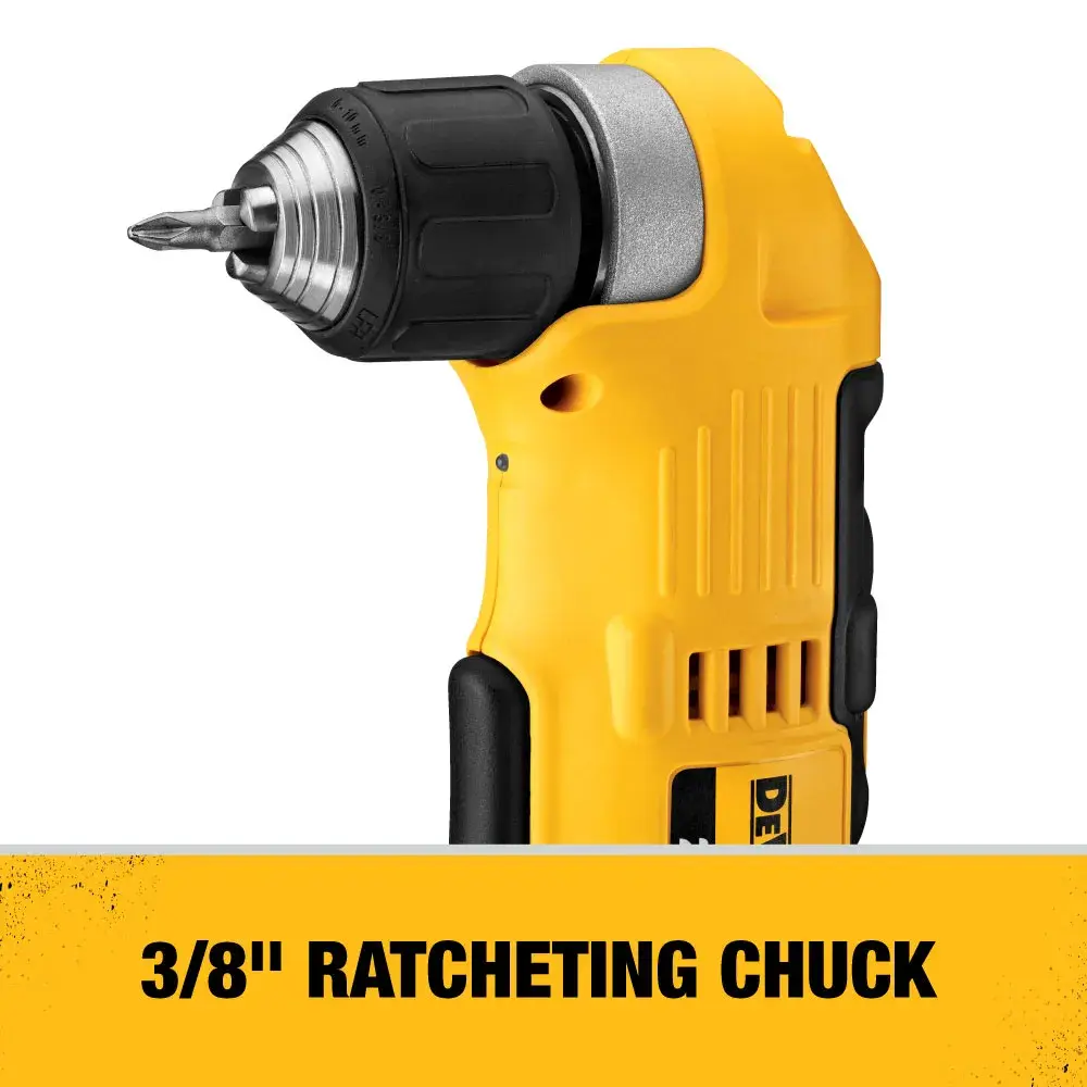 A yellow DEWALT cordless drill with a 3/8-inch ratcheting chuck, shown against a white background with a yellow banner displaying the text '3/8'' RATCHETING CHUCK.'