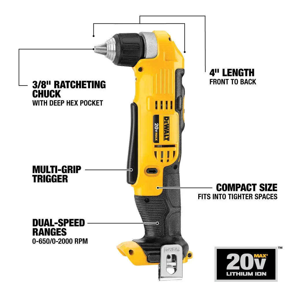 Image of a DEWALT DCD740B 20V Max Lithium Ion cordless drill with a compact, angled design. Key features are highlighted including a 3/8 inch ratcheting chuck with deep hex pocket, multi-grip trigger, dual-speed ranges (0-650/0-2000 RPM), a length of 4 inches from front to back, and compact size for fitting into tighter spaces. The drill is yellow and black.