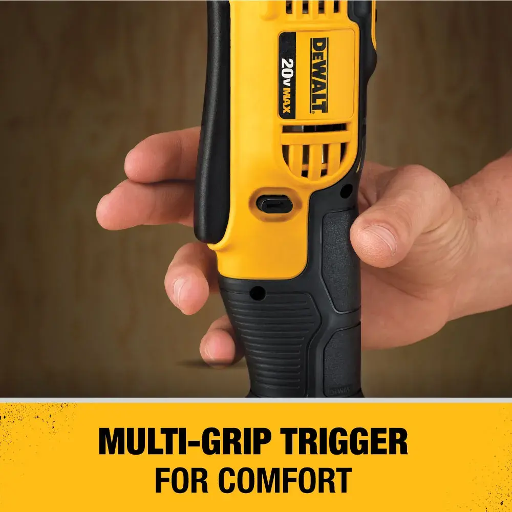 Close-up of a DEWALT 20V Max power tool being held in a hand, with a focus on the multi-grip trigger designed for comfort. Text in the image reads: 'MULTI-GRIP TRIGGER FOR COMFORT.'