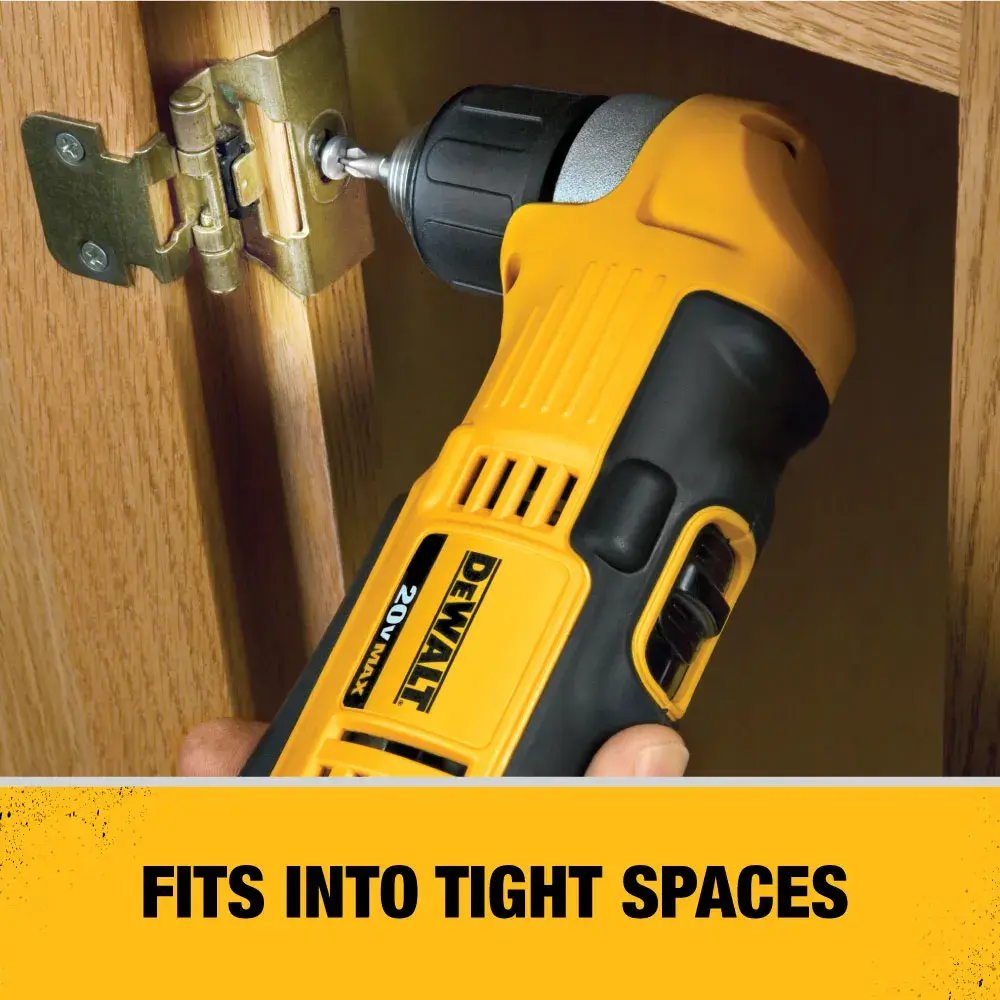 A DEWALT right angle cordless drill is being used to screw a hinge inside a wooden cabinet, demonstrating how it fits into tight spaces. Text at the bottom reads: 'FITS INTO TIGHT SPACES.'