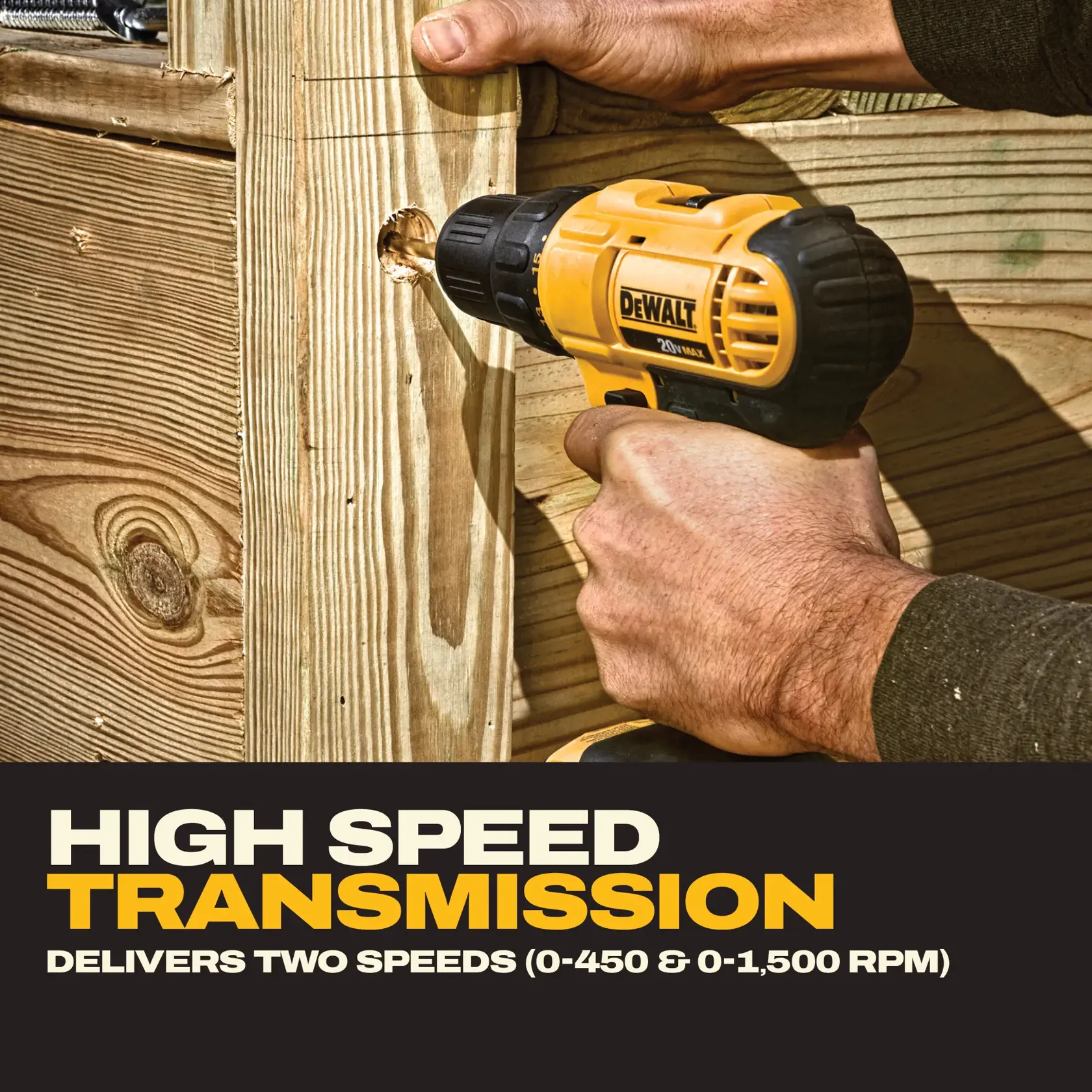 A person is using a yellow and black DEWALT cordless drill to make a hole in wooden planks. The text below highlights the drill’s high speed transmission, which delivers two speeds: 0-450 and 0-1,500 RPM.