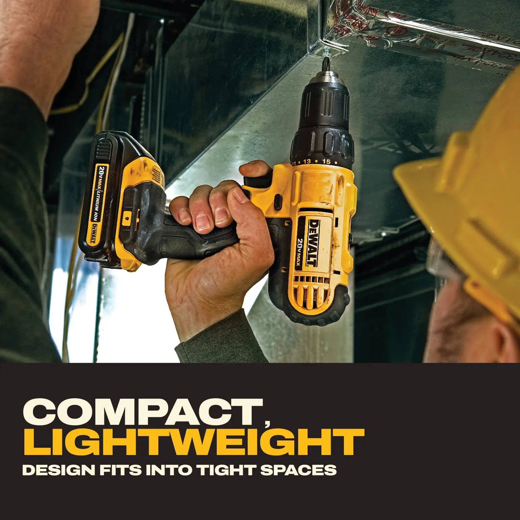 A person wearing a hard hat uses a DEWALT DCD771C2 cordless drill to work in a tight space. Text below reads: 'Compact, lightweight design fits into tight spaces.'