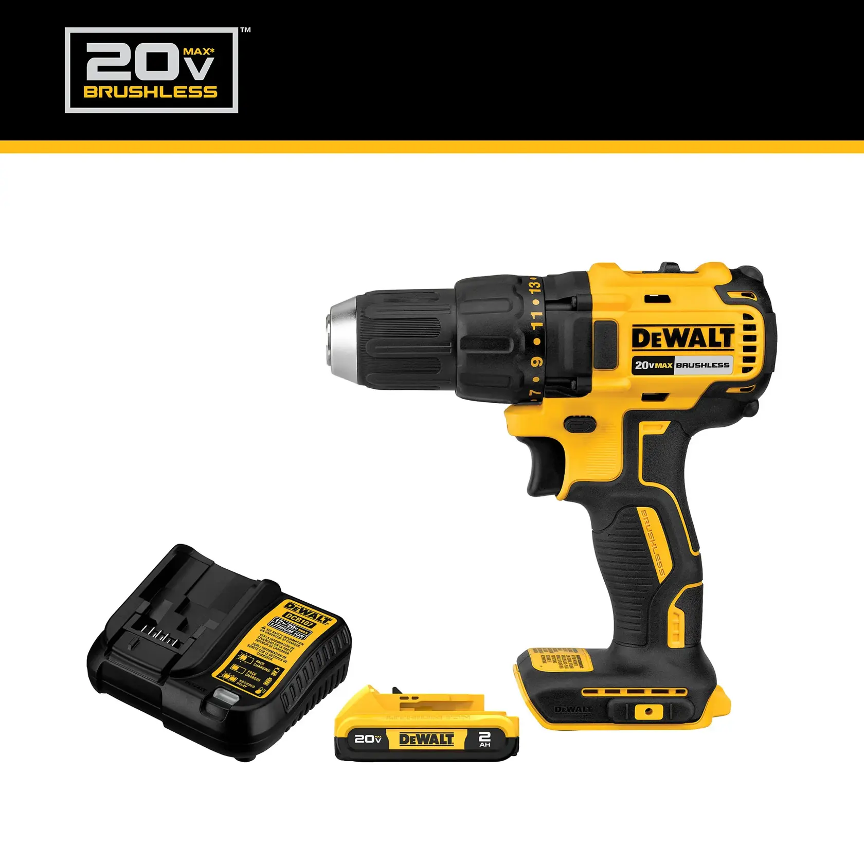 A DEWALT 20V Max brushless cordless drill set, including a yellow and black drill, battery, and charger, displayed on a white background.