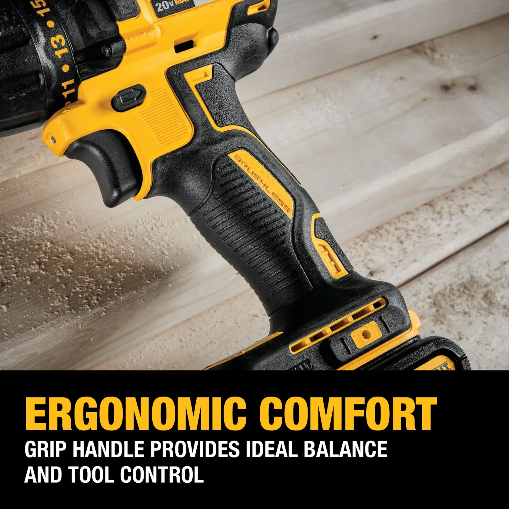 Close-up of a DEWALT power drill handle showing its ergonomic design. Text overlay reads: 'ERGONOMIC COMFORT. Grip handle provides ideal balance and tool control.' The tool is black and yellow, with visible grip texture and branding.