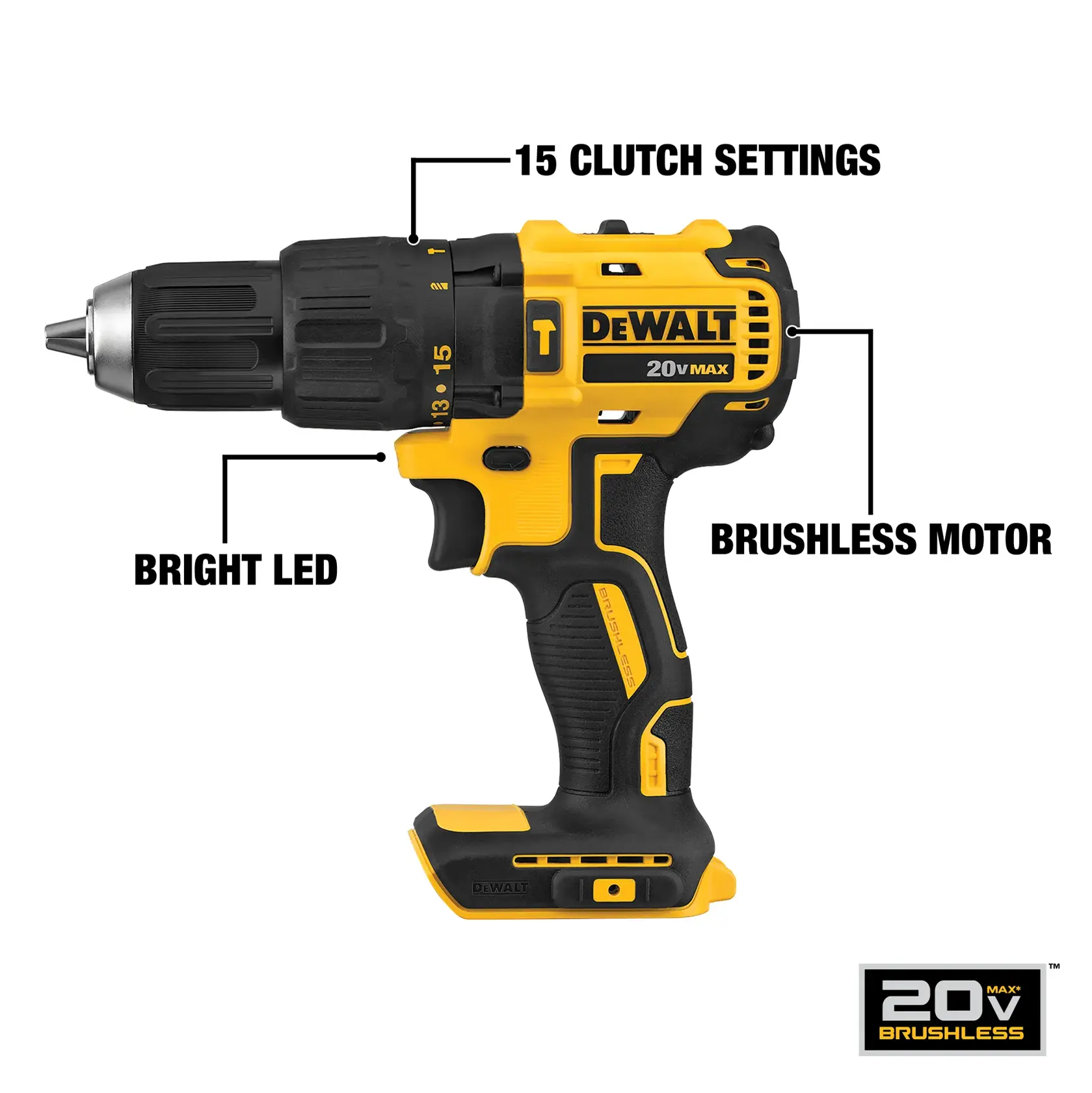 A DEWALT 20V Max brushless cordless drill with highlighted features including 15 clutch settings, a bright LED light, and a brushless motor.