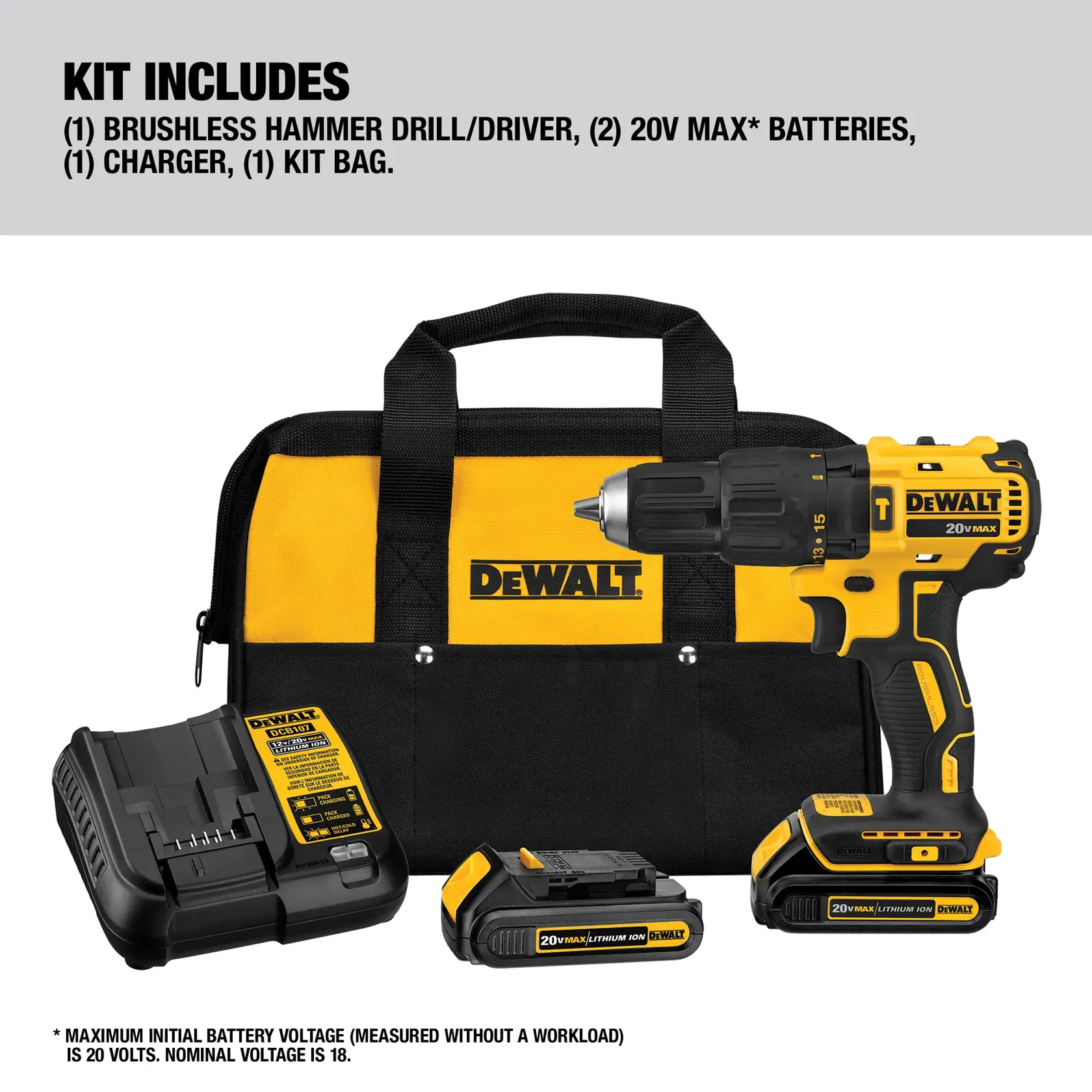 A DEWALT tool kit consisting of a brushless hammer drill/driver, two 20V MAX lithium-ion batteries, a charger, and a yellow and black kit bag. The items are displayed together with the bag in the background.
