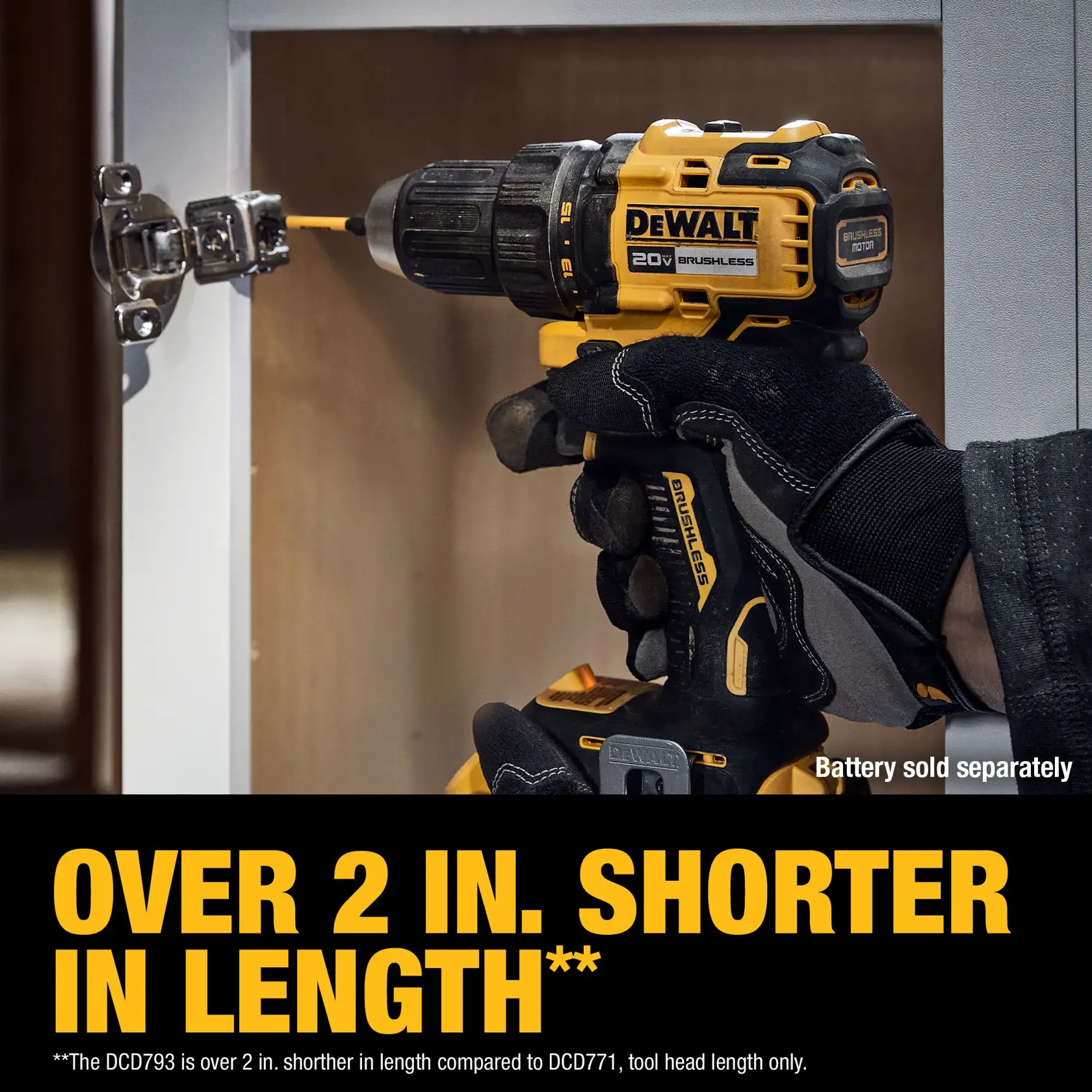 A gloved hand using a DEWALT 20V brushless cordless drill to install a hinge on a cabinet. The text at the bottom highlights that the drill is over 2 inches shorter in length compared to a previous model. Battery sold separately.