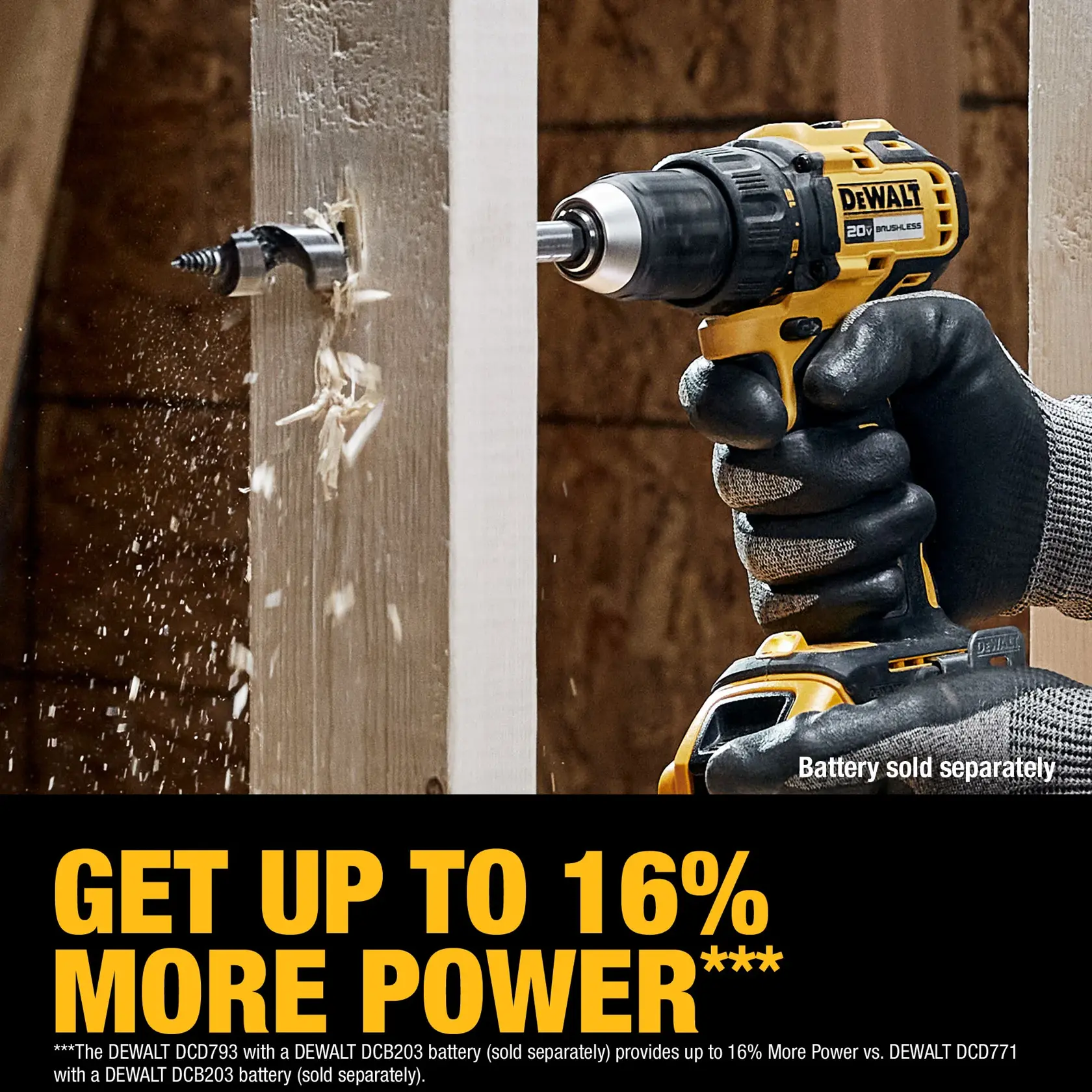 A person wearing work gloves is using a DEWALT 20V cordless drill to drill through a piece of wood. Wood shavings are flying as the drill bit penetrates the material. Text at the bottom of the image reads: 'GET UP TO 16% MORE POWER***' and includes a note that the battery is sold separately.