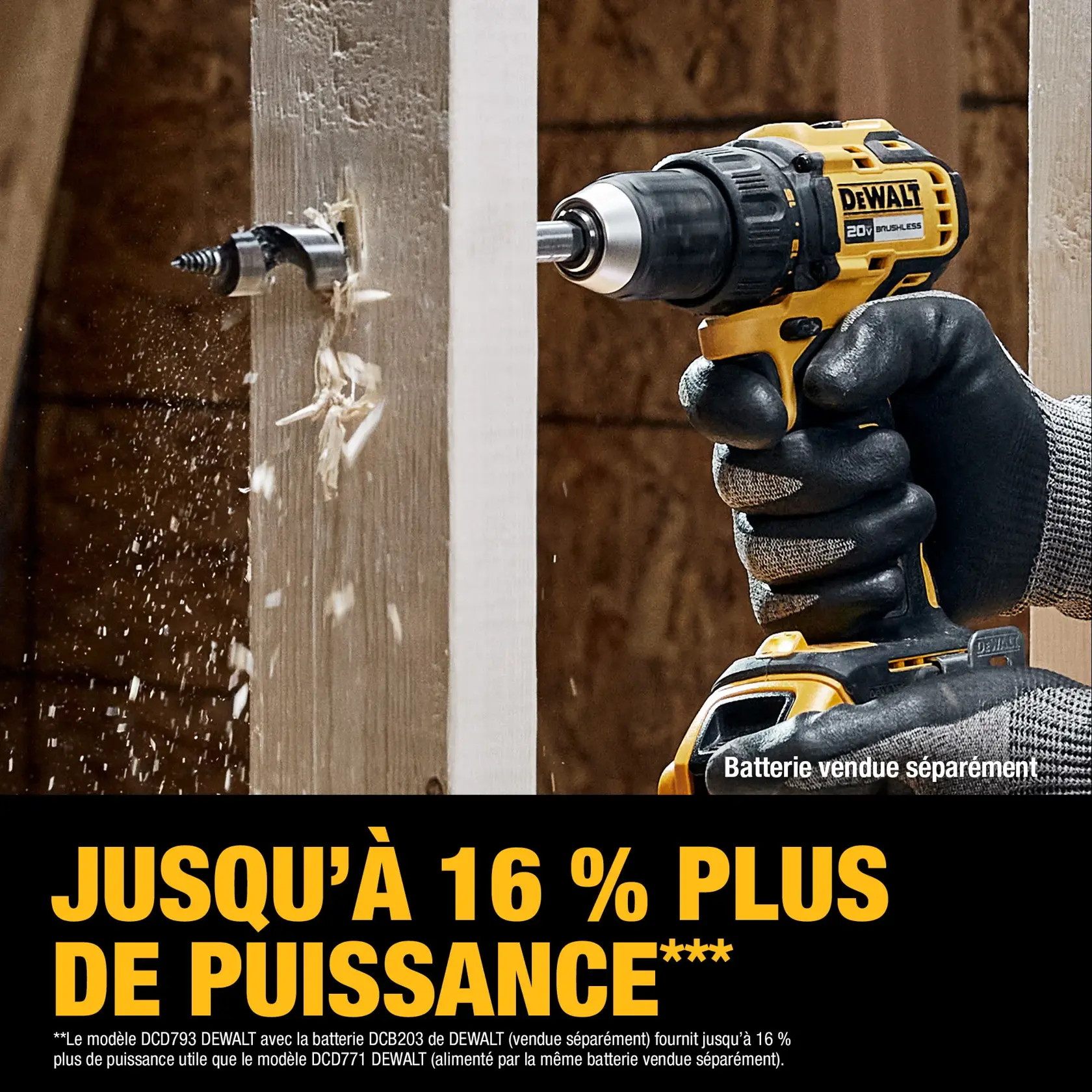A person wearing work gloves is using a DEWALT 20V cordless drill to drill through a piece of wood. Wood shavings are flying as the drill bit penetrates the material. Text at the bottom of the image reads: 'GET UP TO 16% MORE POWER***' and includes a note that the battery is sold separately.