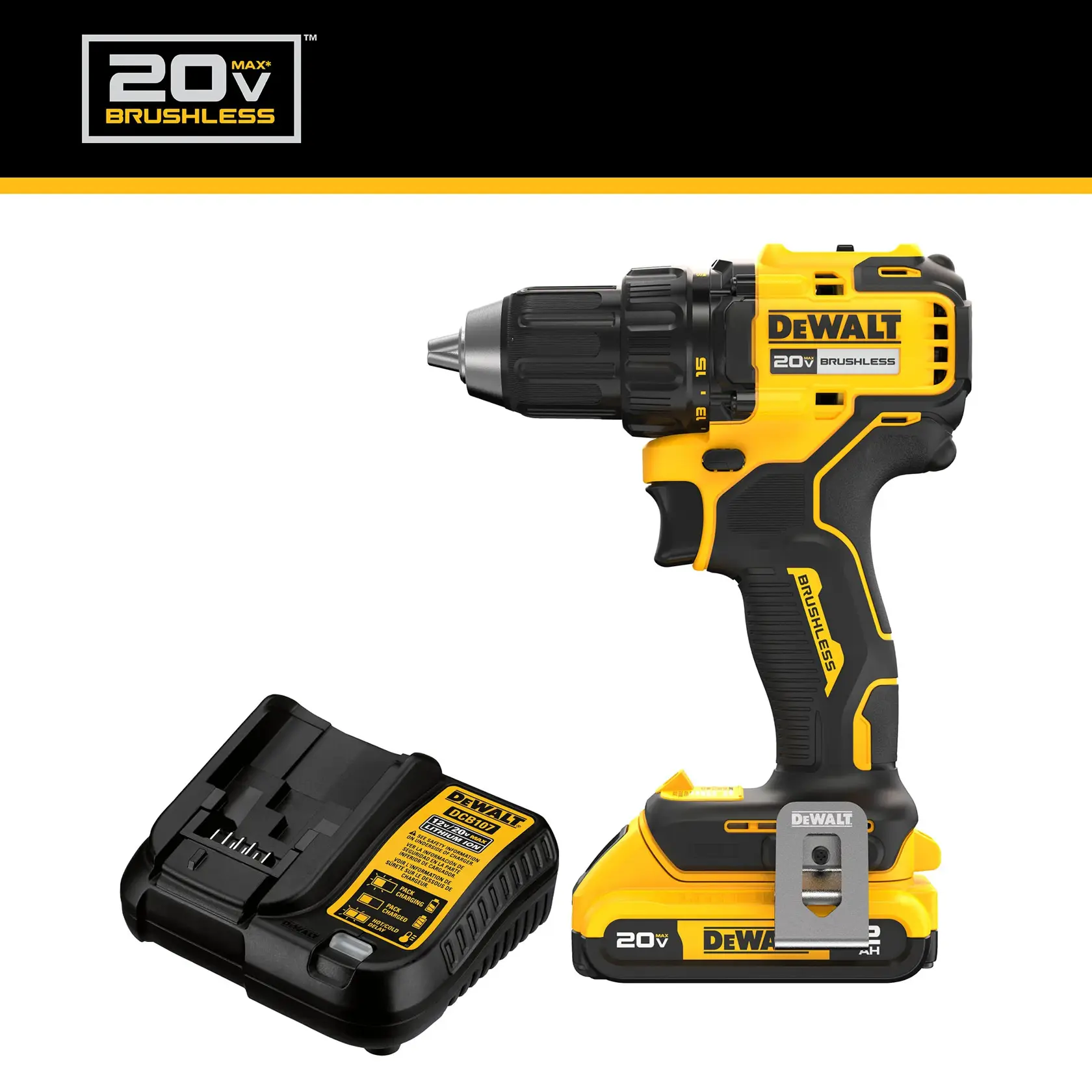 A DEWALT 20V MAX brushless cordless drill with battery and charger. The drill is yellow and black, featuring the DEWALT branding and brushless technology markings, displayed alongside its battery pack and charging station.