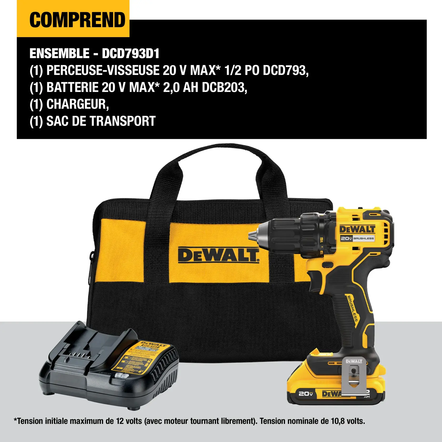 A DEWALT 20V MAX brushless cordless drill with battery and charger. The drill is yellow and black, featuring the DEWALT branding and brushless technology markings, displayed alongside its battery pack and charging station.