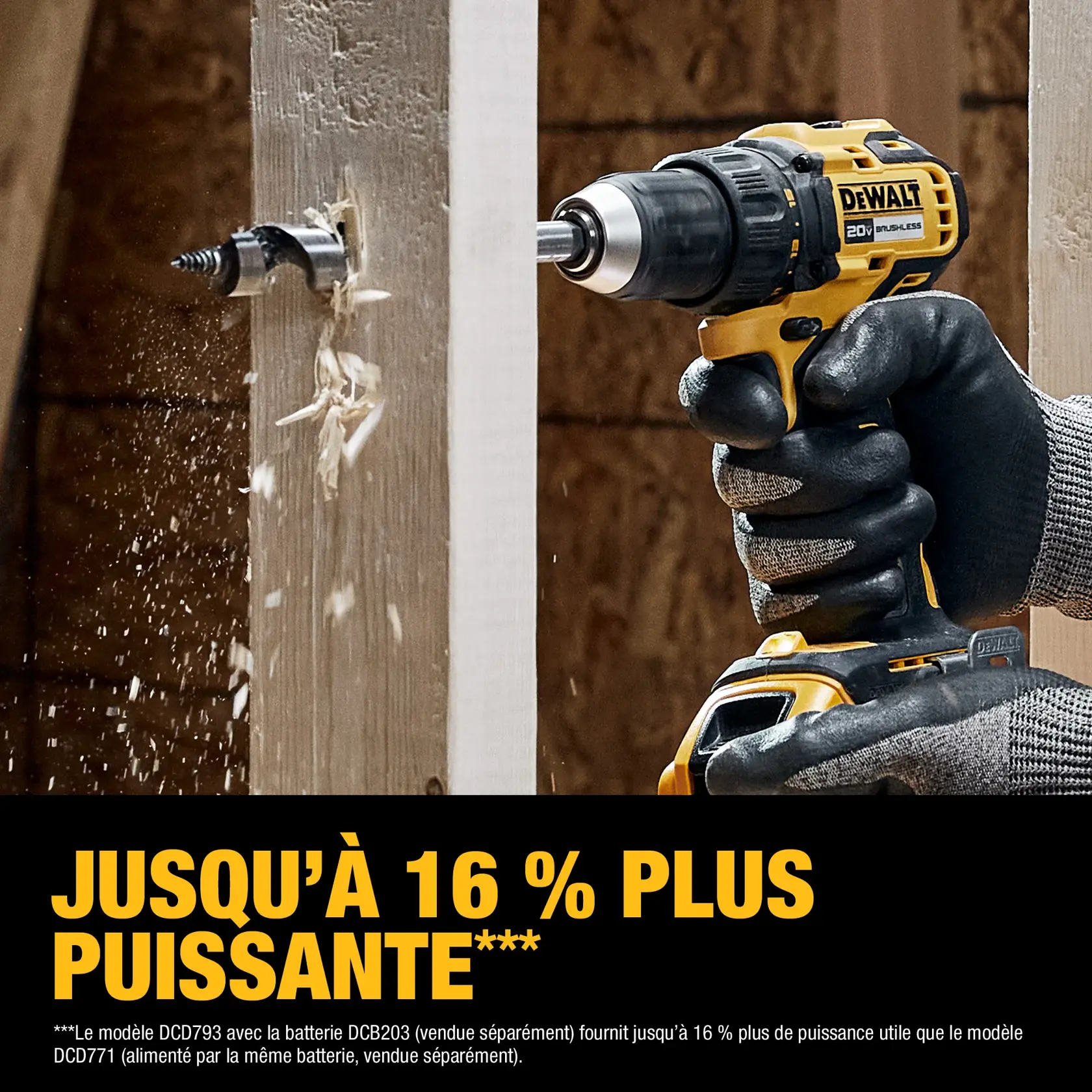 A gloved hand uses a yellow and black DEWALT cordless power drill to bore a hole in a wooden beam. Wood shavings are flying off as the drill bit penetrates the surface. Large text beneath reads 'Get up to 16% more power.'