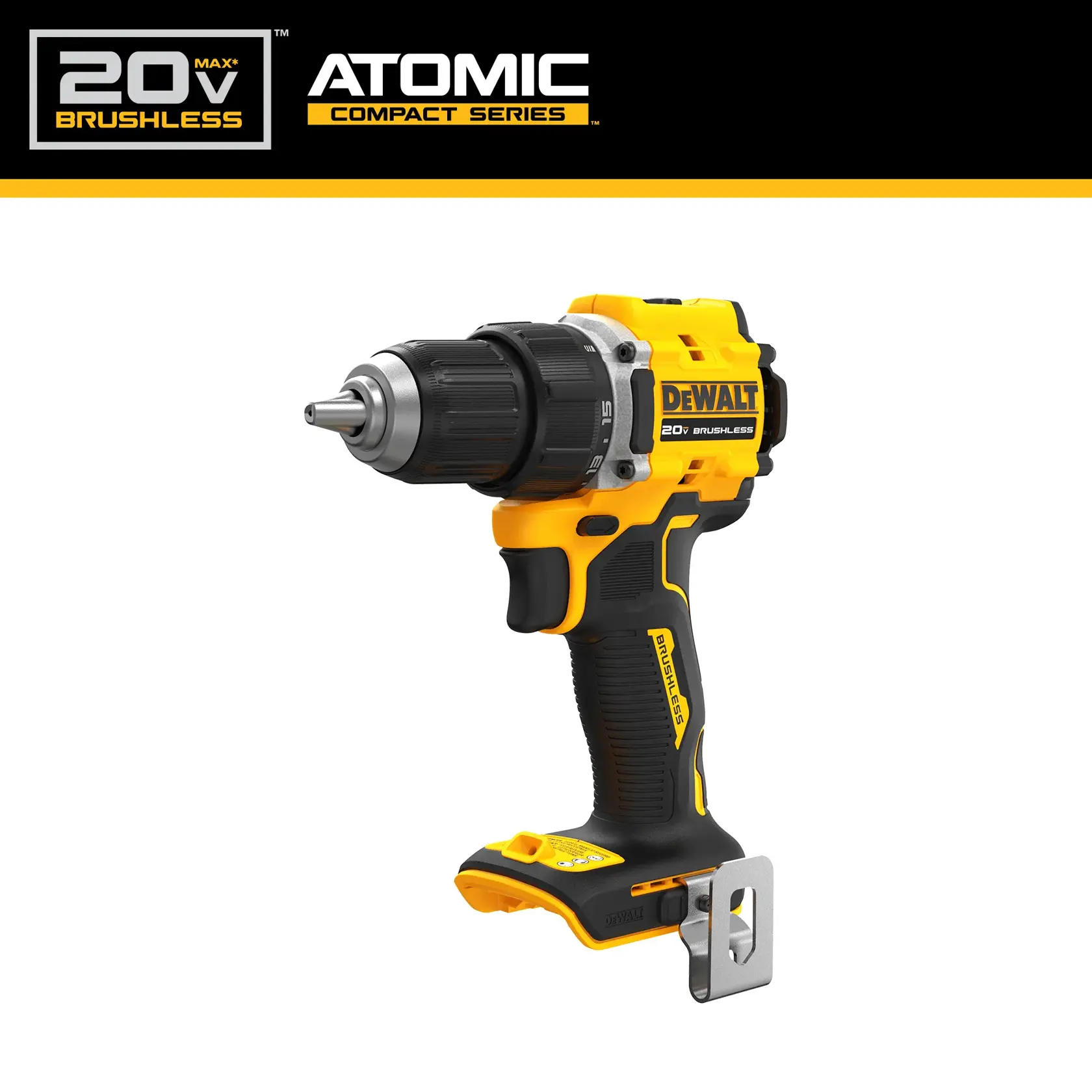 A DEWALT 20V MAX Brushless cordless drill from the Atomic Compact Series, featuring a yellow and black design with a metal belt clip.
