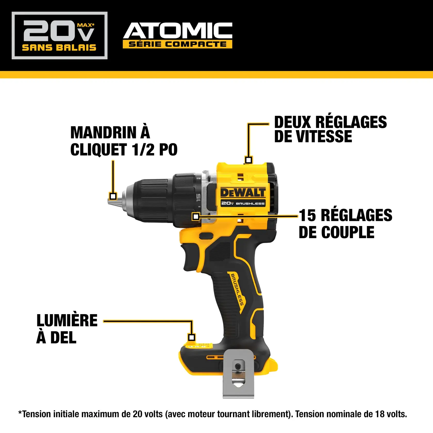 Image of a DEWALT 20V MAX ATOMIC Compact Series brushless drill featuring a 1/2 inch ratcheting chuck, 2-speed transmission, 15 clutch settings, and a built-in LED light. Specifications and features are labeled on the drill.
