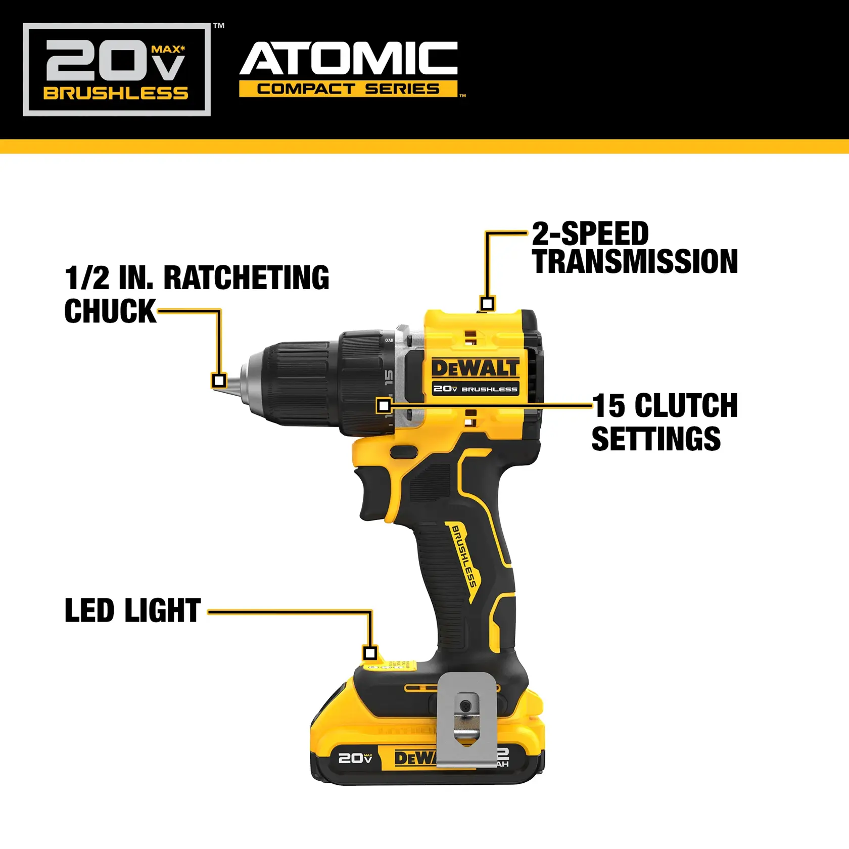 Image of a DEWALT 20V MAX Brushless Atomic Compact Series cordless drill. The drill features a 1/2 inch ratcheting chuck, a 2-speed transmission, 15 clutch settings, and an LED light. The drill is yellow and black, and the brand name DEWALT is clearly visible.