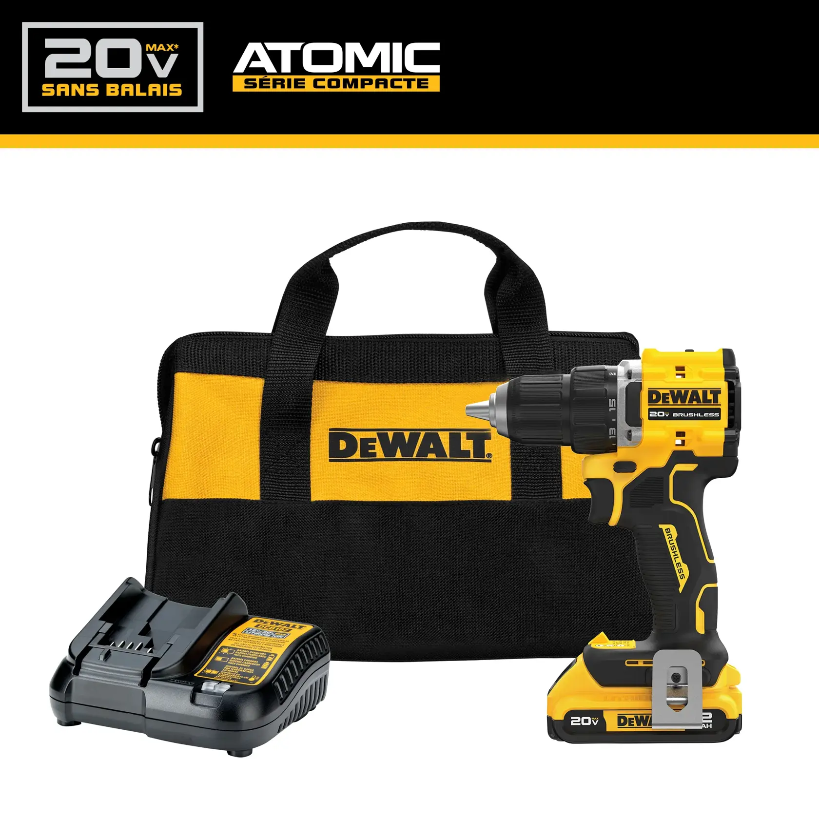Image of a DEWALT 20V MAX Brushless Atomic Compact Series cordless drill. The drill features a 1/2 inch ratcheting chuck, a 2-speed transmission, 15 clutch settings, and an LED light. The drill is yellow and black, and the brand name DEWALT is clearly visible.