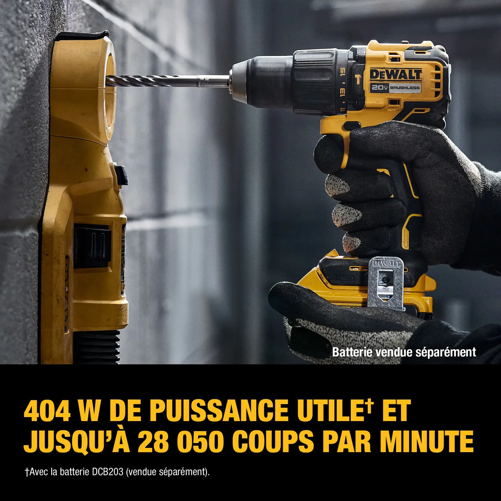 A person wearing gloves is using a DEWALT 20V brushless cordless drill to drill into a concrete wall. The drill is yellow and black, and the text on the image highlights '404 UWO and up to 28,050 BPM.' Battery is sold separately.