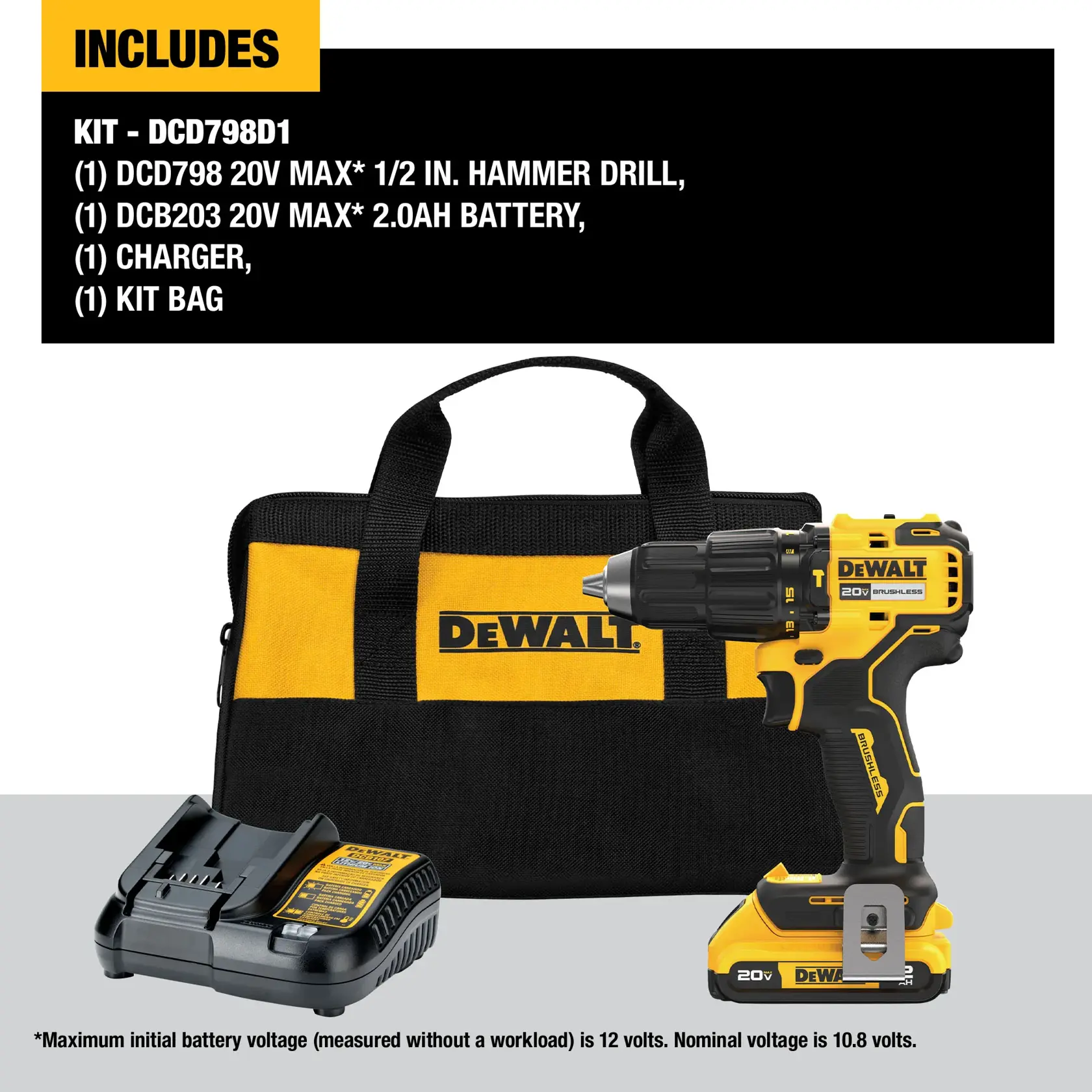 A DEWALT DCD798D1 tool kit is shown. It includes a yellow and black DEWALT 20V MAX hammer drill, a 2.0Ah battery, a charger, and a kit bag with DEWALT branding. The items are displayed against a neutral background, and a description of the contents is provided at the top.