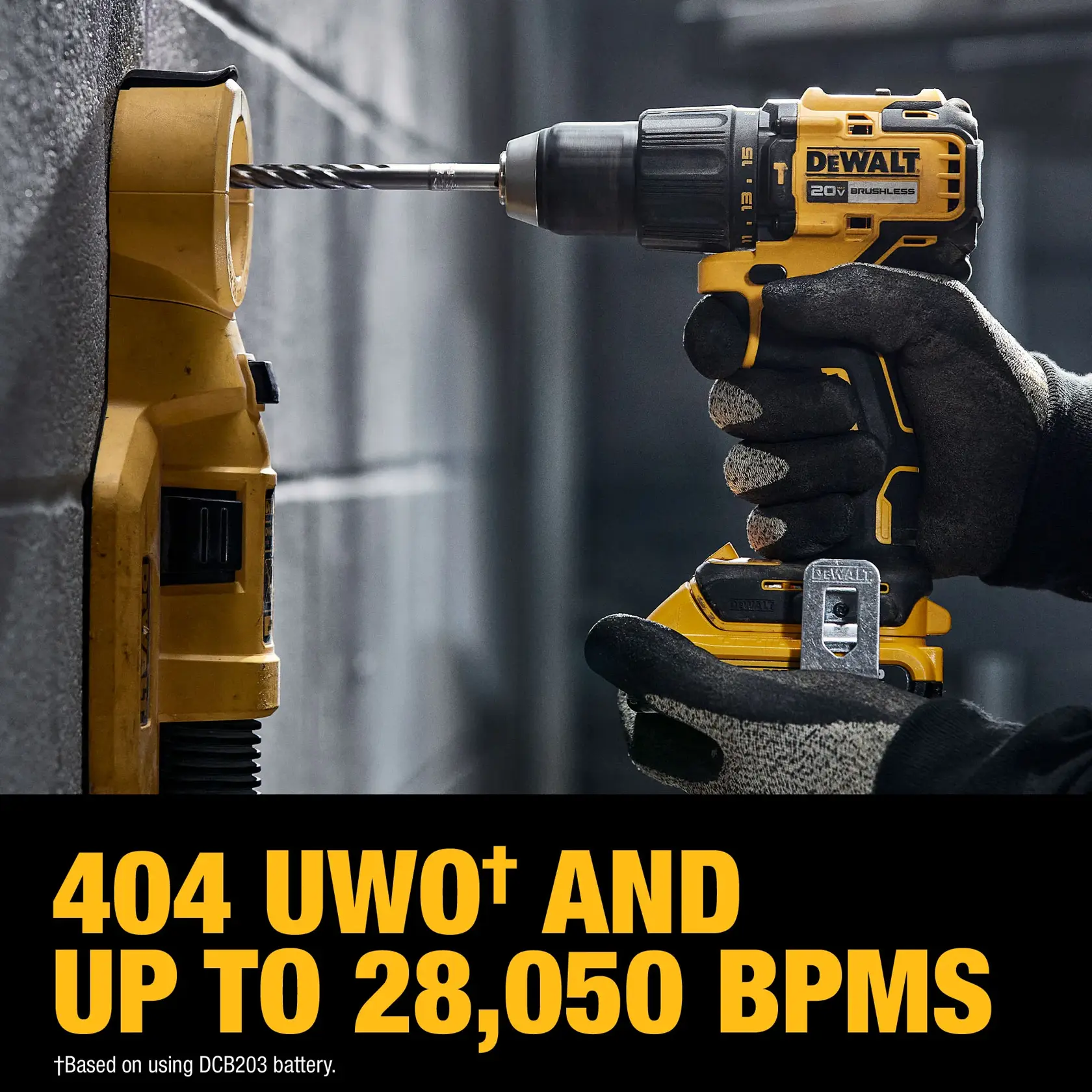 A person wearing gloves operates a DEWALT 20V brushless cordless drill, drilling into a concrete wall. Text highlights its power: 404 UWO and up to 28,050 BPMs, based on using a DCB203 battery.