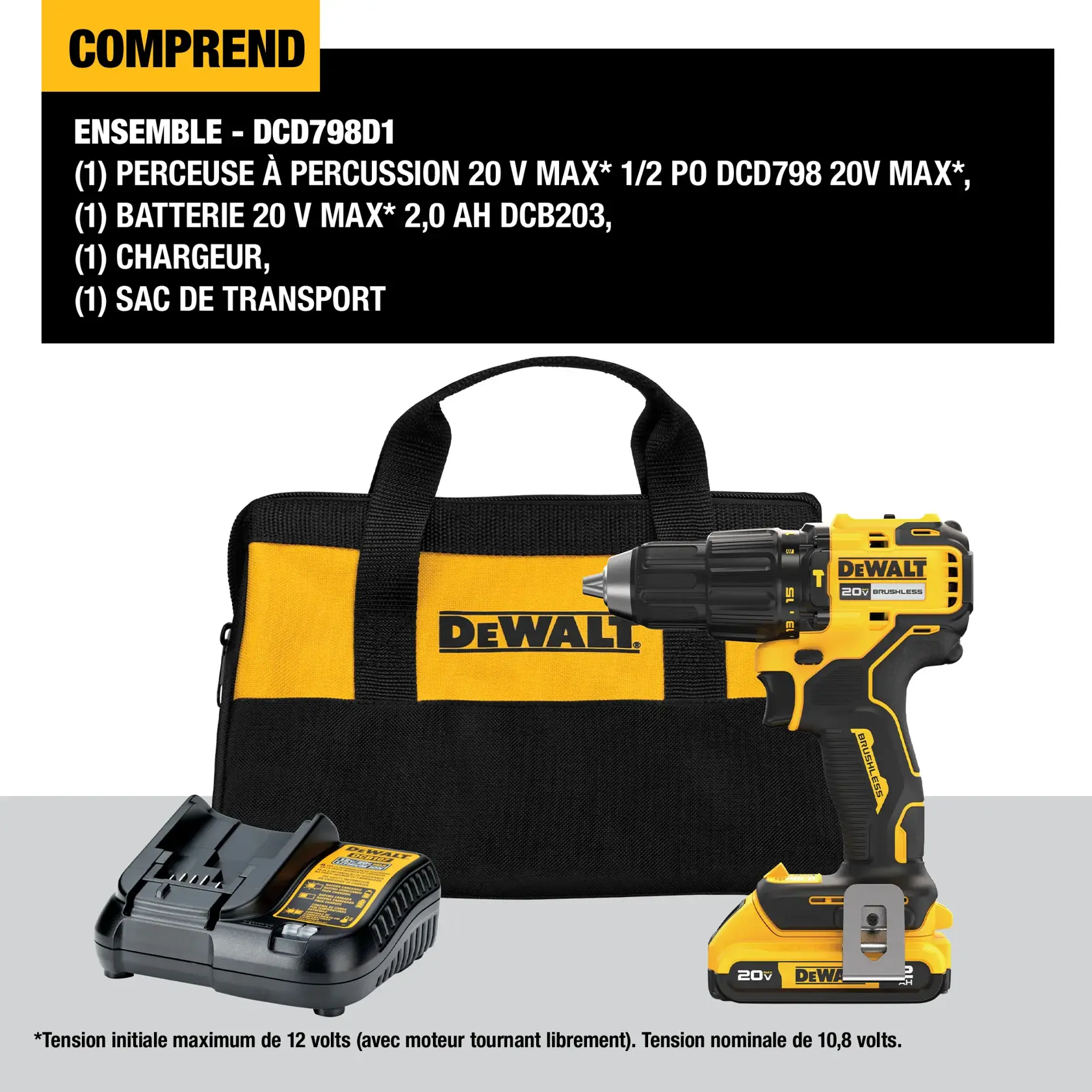 A DEWALT DCD798D1 tool kit is shown. It includes a yellow and black DEWALT 20V MAX hammer drill, a 2.0Ah battery, a charger, and a kit bag with DEWALT branding. The items are displayed against a neutral background, and a description of the contents is provided at the top.