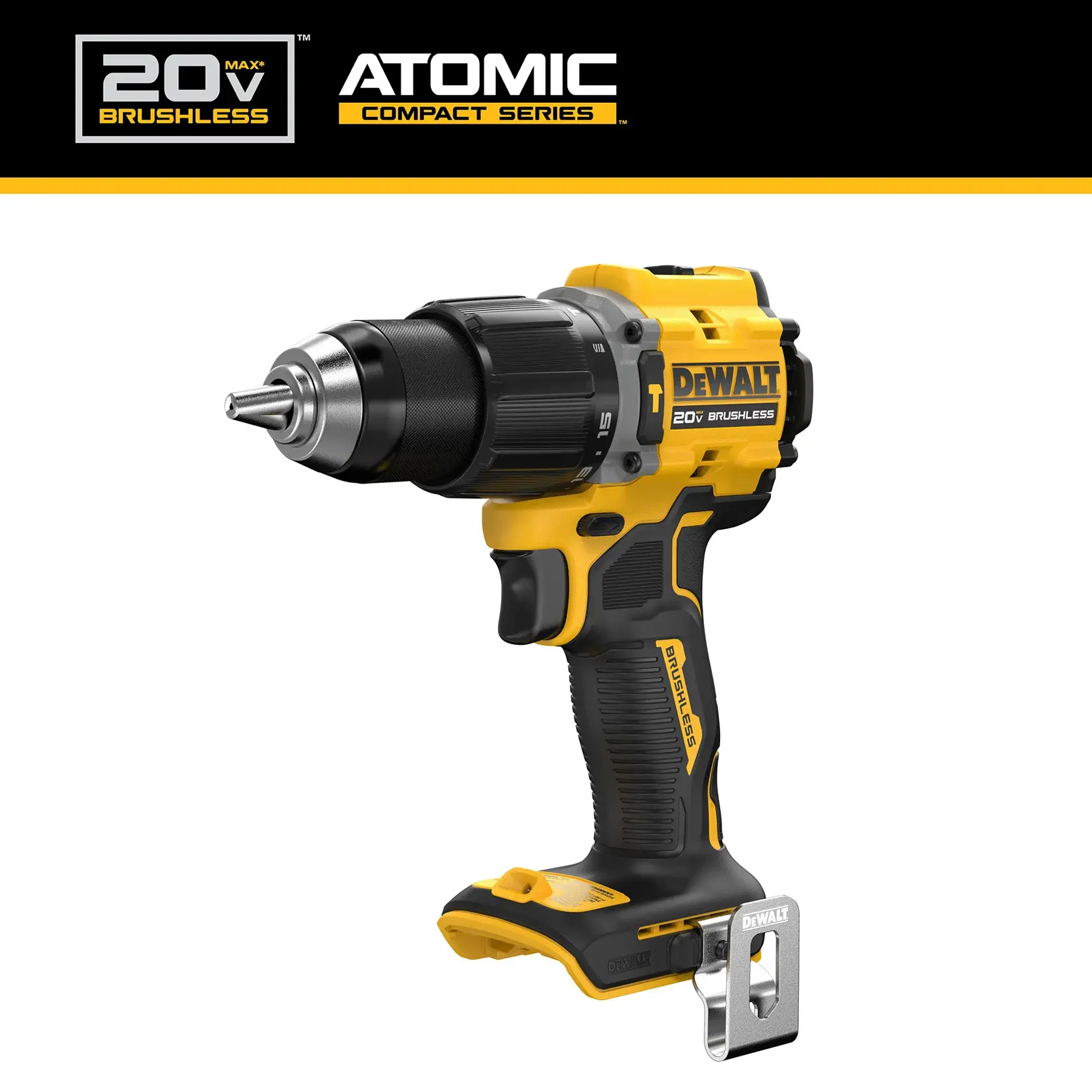 DEWALT 20V Max Brushless ATOMIC drill in black and yellow, shown with a metallic belt clip.