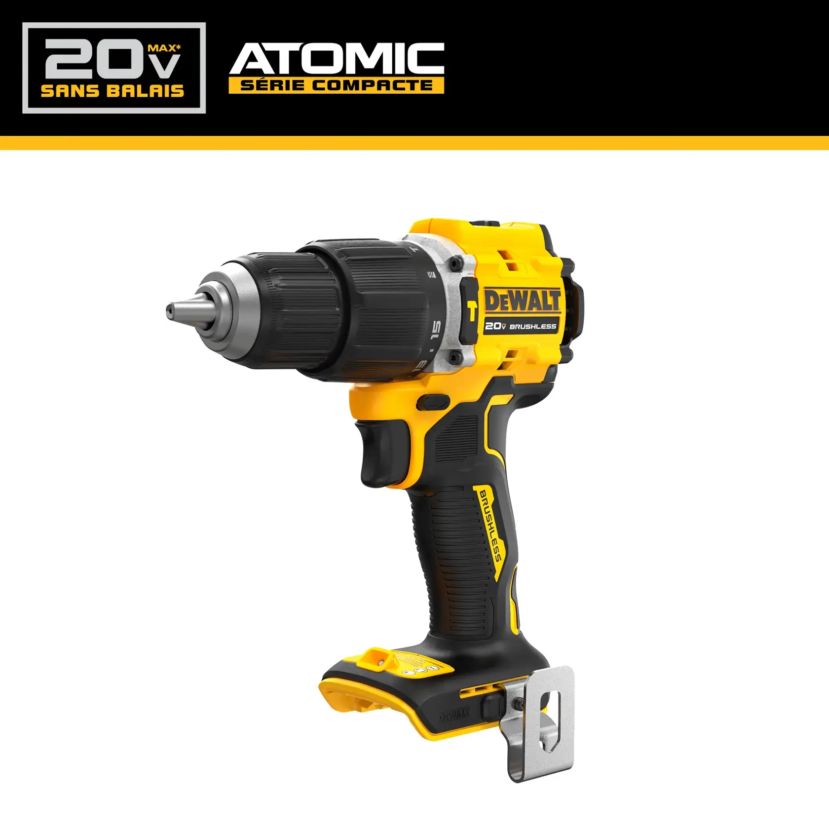 DEWALT 20V Max Brushless ATOMIC drill in black and yellow, shown with a metallic belt clip.