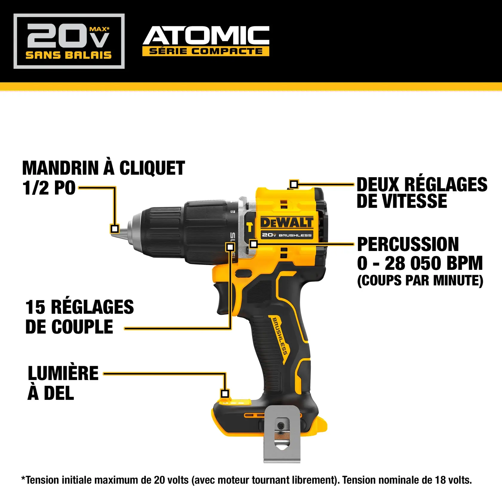 DEWALT 20V brushless drill with 2-speed transmission, metal chuck, LED, 15 clutch settings, hammer function.
