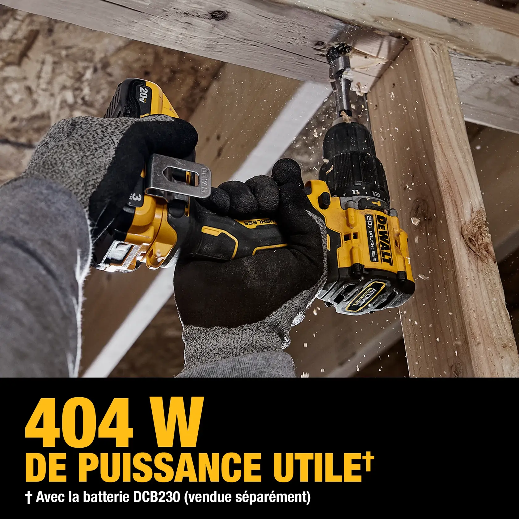 Gloved hands use a DEWALT DCD799B drill on wood. Drill power is highlighted as 552 UWO. Battery sold separately.