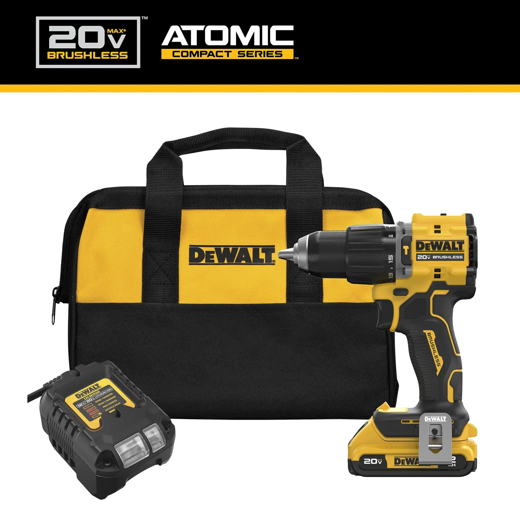 A DEWALT 20V MAX ATOMIC Compact Series cordless drill set is shown. The image includes a yellow and black cordless drill, a matching DEWALT carrying bag, and a battery charger.