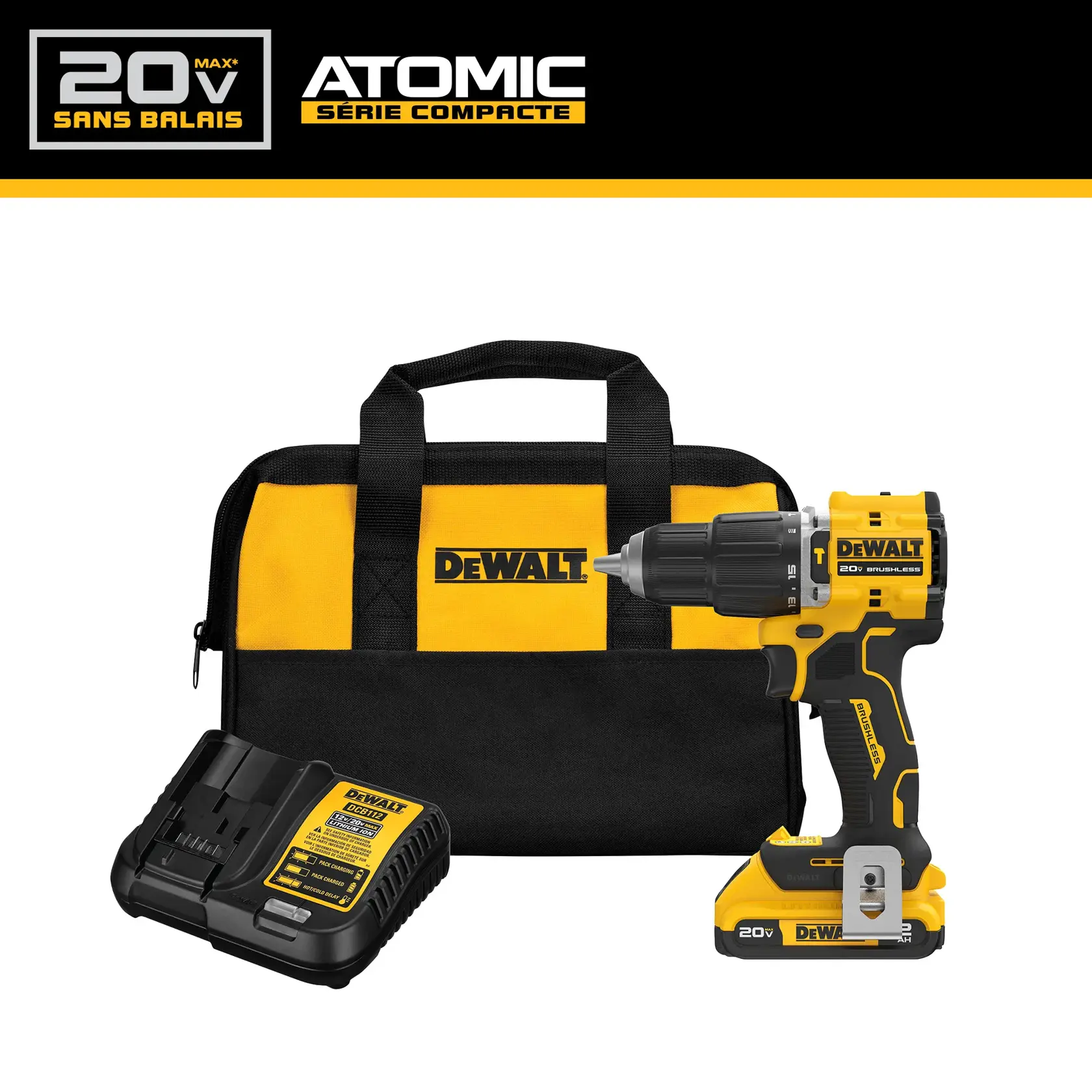 A DEWALT 20V MAX ATOMIC Compact Series cordless drill set is shown. The image includes a yellow and black cordless drill, a matching DEWALT carrying bag, and a battery charger.