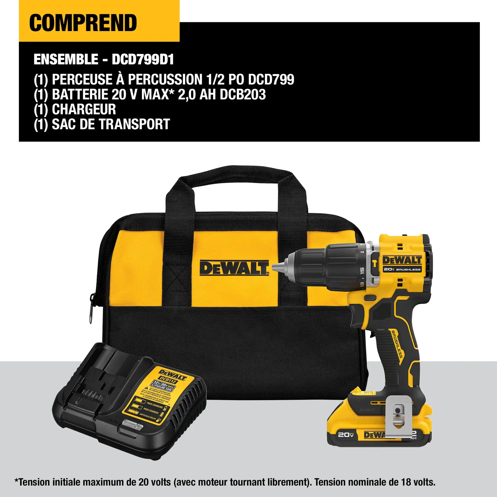 DEWALT kit DCD799D1 includes a yellow and black 1/2 inch hammer drill, a 20V MAX 2.0 Ah battery, a charger, and a black and yellow DEWALT kit bag. All items are displayed together, with the hammer drill standing in front of the bag and the charger placed to the side.