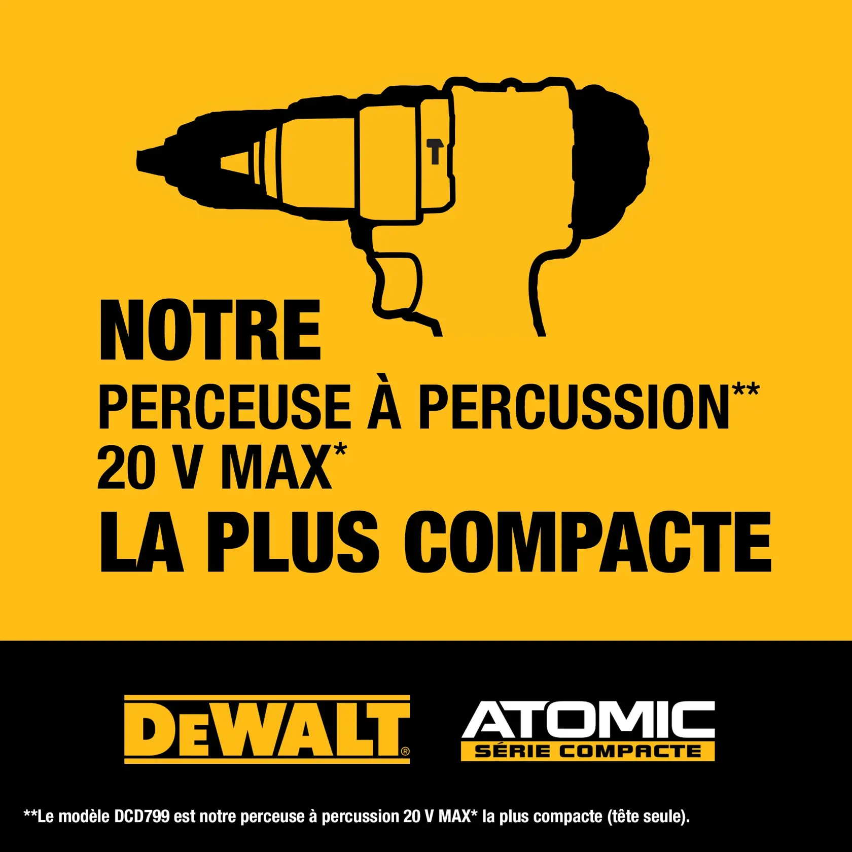 Promotional graphic for DEWALT ATOMIC Compact Series displaying the silhouette of a power drill. Large text states: 'Our Shortest 20V MAX* Hammer Drill**.' The lower section features the DEWALT and ATOMIC Compact Series logos, along with small text clarifying: '**DCD799 is Our Shortest 20V MAX* Hammer Drill, tool head length only.' The background is predominantly yellow with black accents.