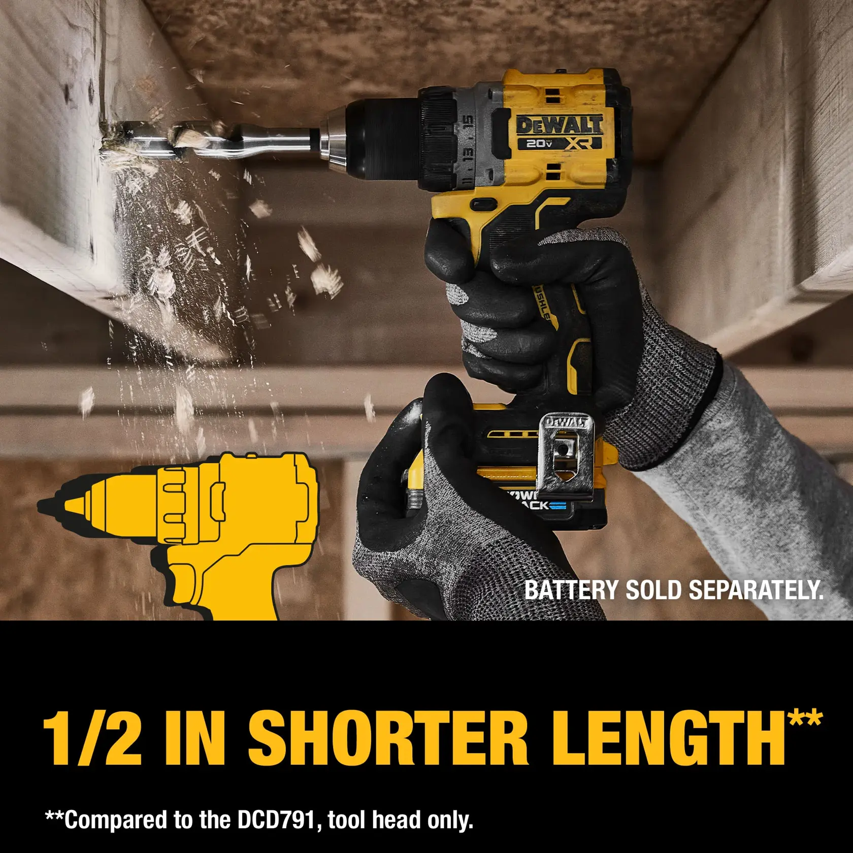 A person wearing gloves is using a yellow and black DEWALT 20V XR cordless drill to drill a hole into a wooden beam. Wood shavings are flying from the drilling process. Text on the image highlights '1/2 IN SHORTER LENGTH' compared to the DCD791 model, and mentions that the battery is sold separately.