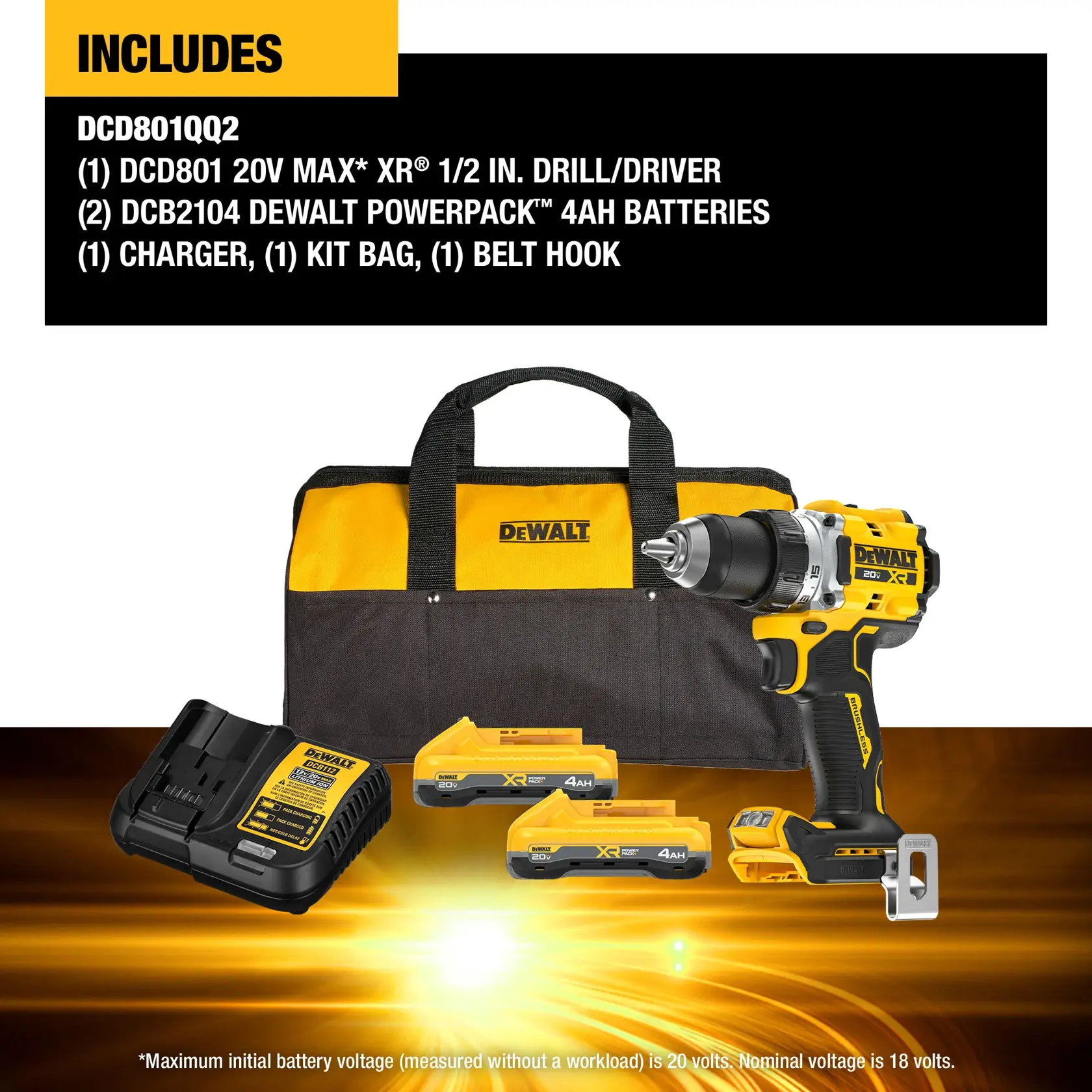 DEWALT DCD801QQ2 20V MAX XR 1/2 inch drill/driver kit including a yellow and black drill, two 4Ah lithium-ion batteries, a black and yellow DEWALT kit bag, a battery charger, and a belt hook. Product components are displayed with a bright yellow background design.