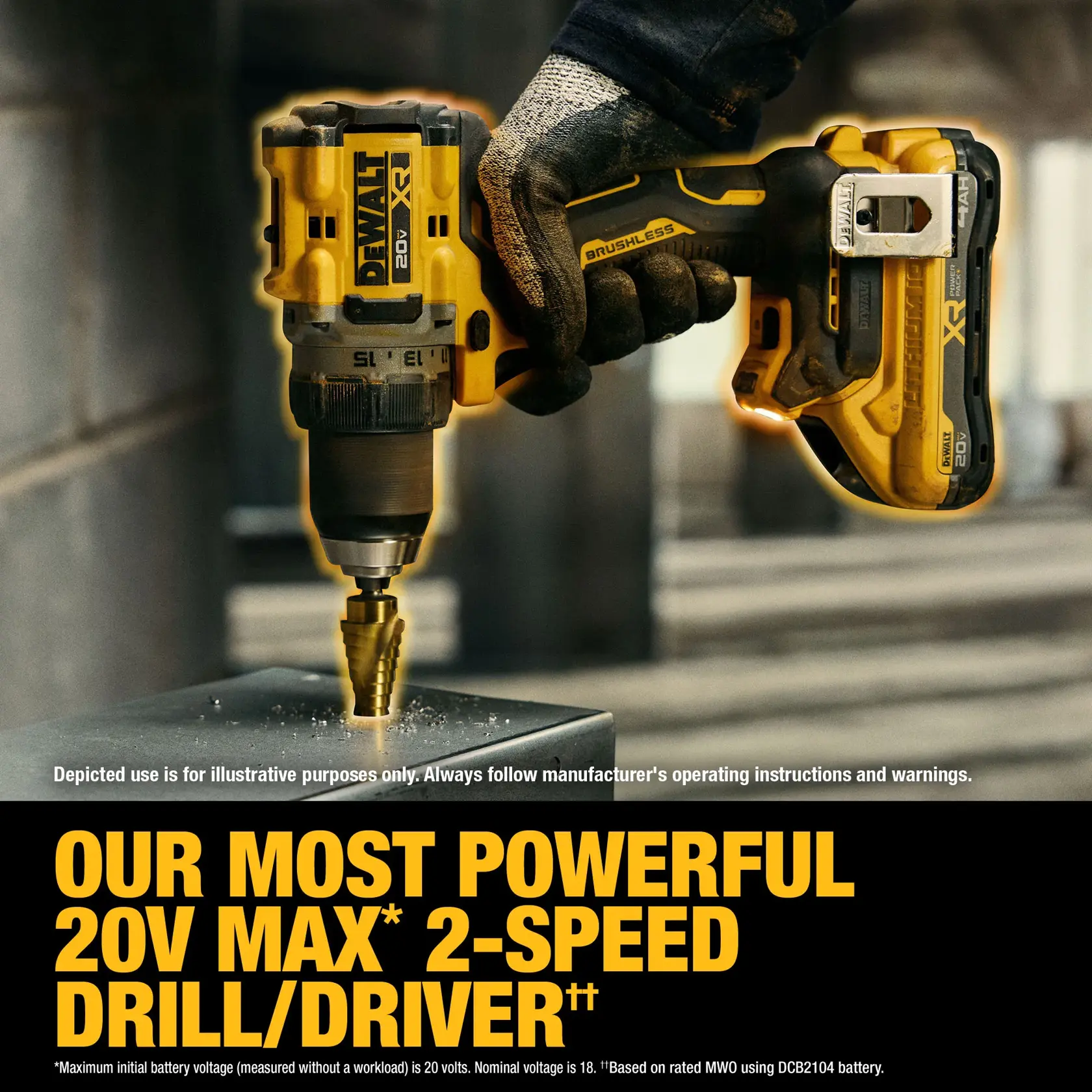 A DEWALT 20V Max XR brushless drill/driver being used by a person wearing work gloves to drill into a metal surface, with bold text highlighting it as the most powerful 20V Max 2-speed drill/driver.
