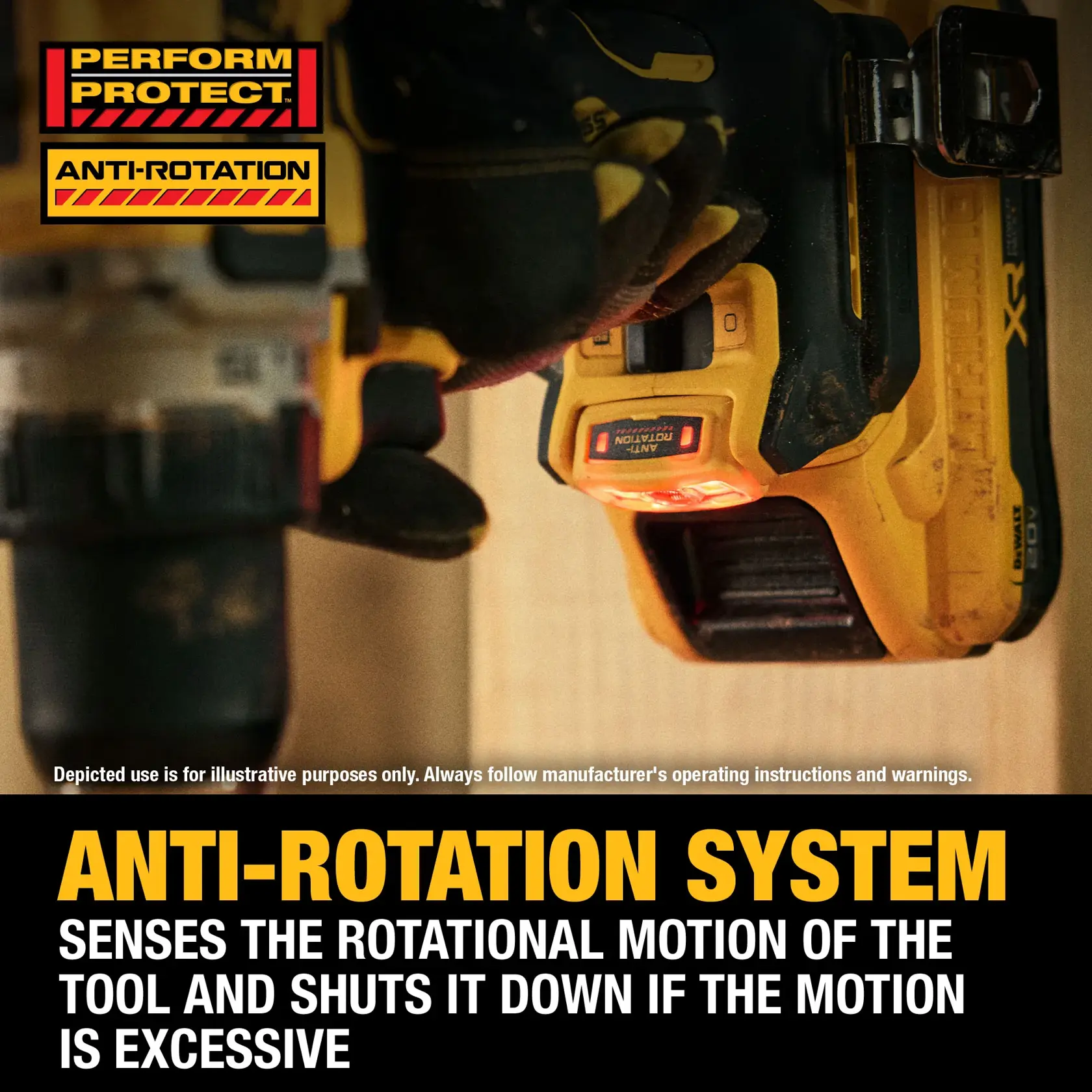 Close-up of a person using a DEWALT power drill equipped with an anti-rotation system. The image includes 'PERFORM PROTECT' and 'ANTI-ROTATION' labels, highlighting the feature that senses excessive rotational motion and shuts the tool down for user safety. Text below explains the system's function.