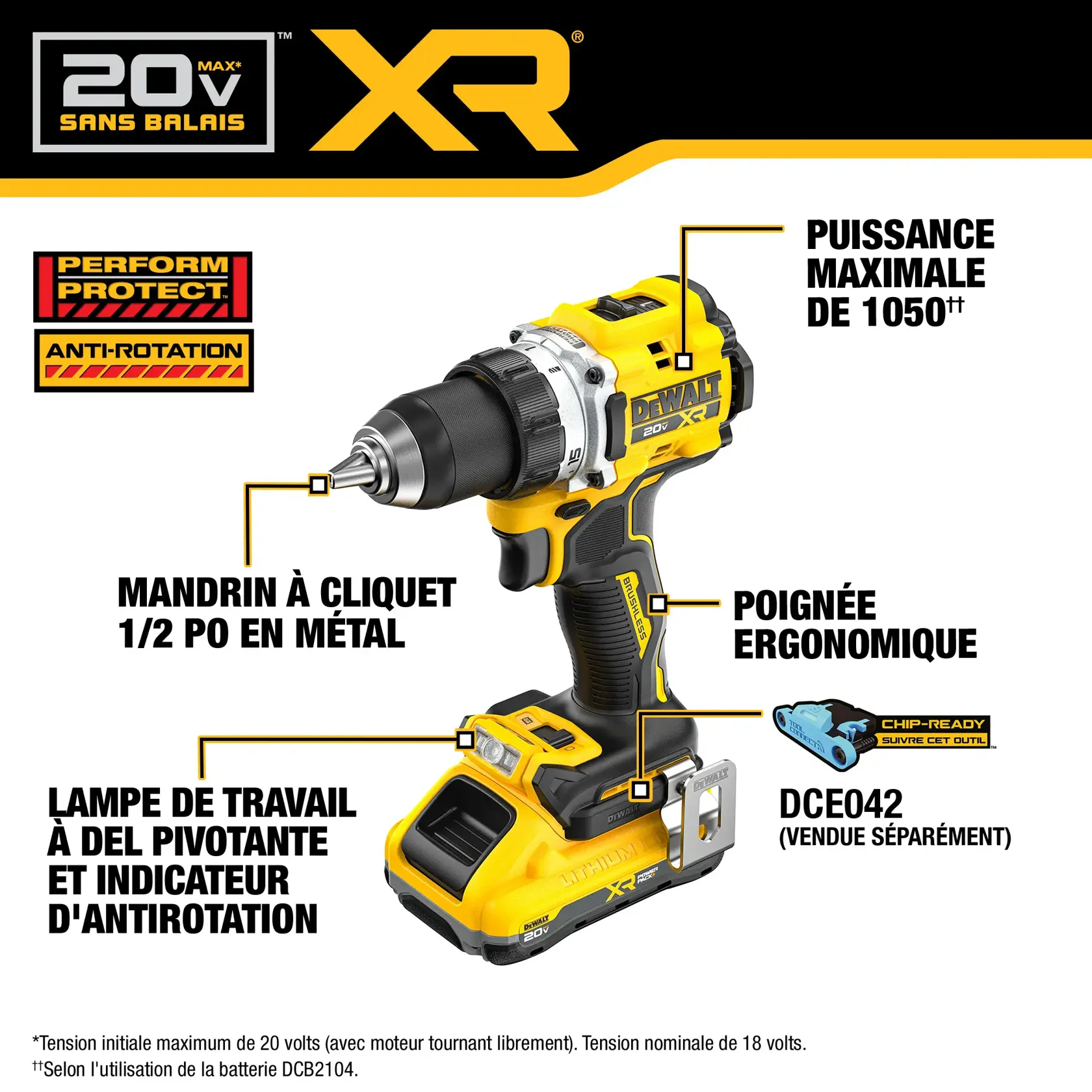 Graphic showing a DEWALT 20V MAX XR Brushless cordless drill. Key features highlighted include a 1/2 inch metal ratcheting chuck, pivoting LED work light and anti-rotation indicator, ergonomic handle, max power MWO 1050, and Tool Connect chip-ready compatibility (chip sold separately). The drill is yellow and black, and Perform Protect anti-rotation technology is also noted.