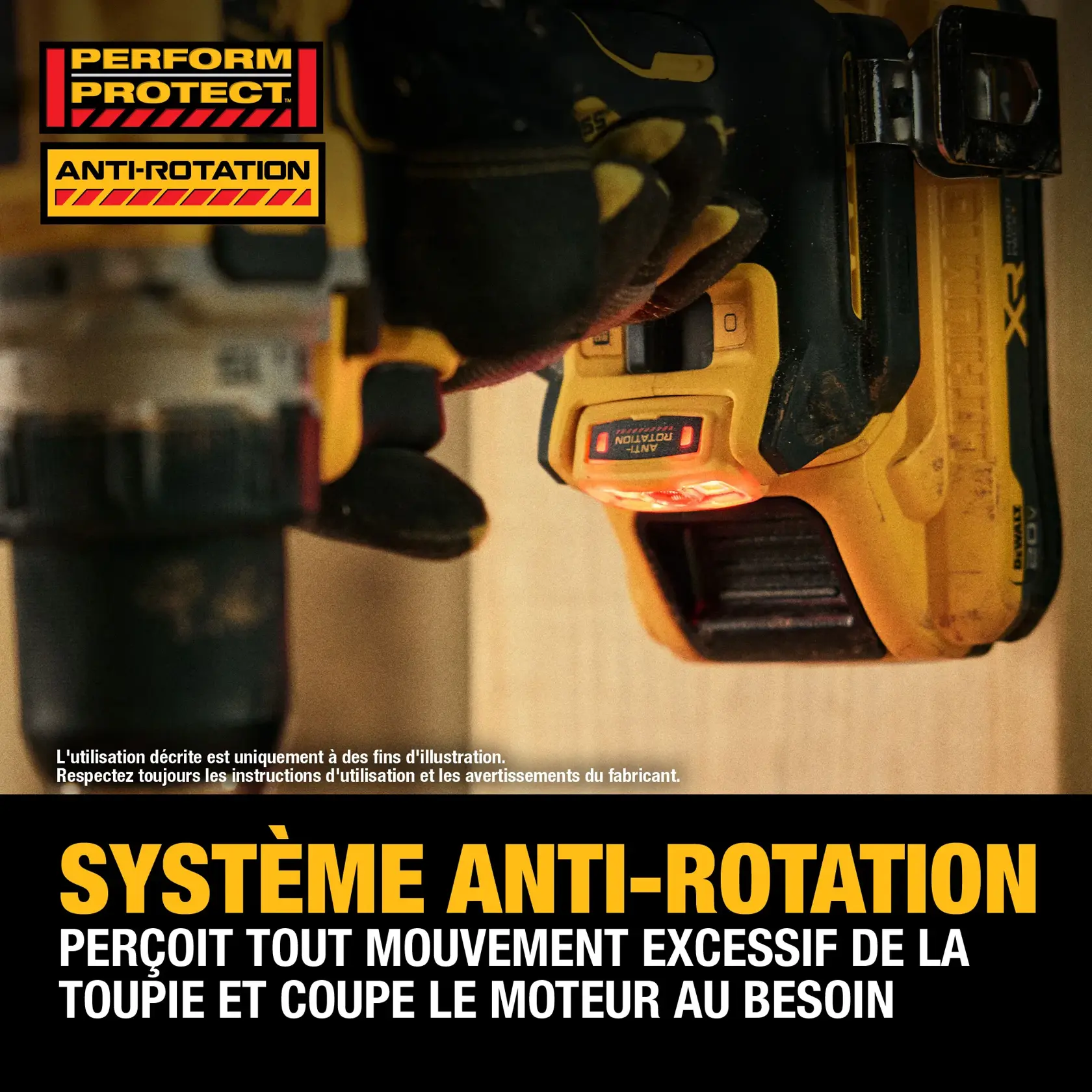 Close-up of a person using a DEWALT power drill equipped with an anti-rotation system. The image includes 'PERFORM PROTECT' and 'ANTI-ROTATION' labels, highlighting the feature that senses excessive rotational motion and shuts the tool down for user safety. Text below explains the system's function.