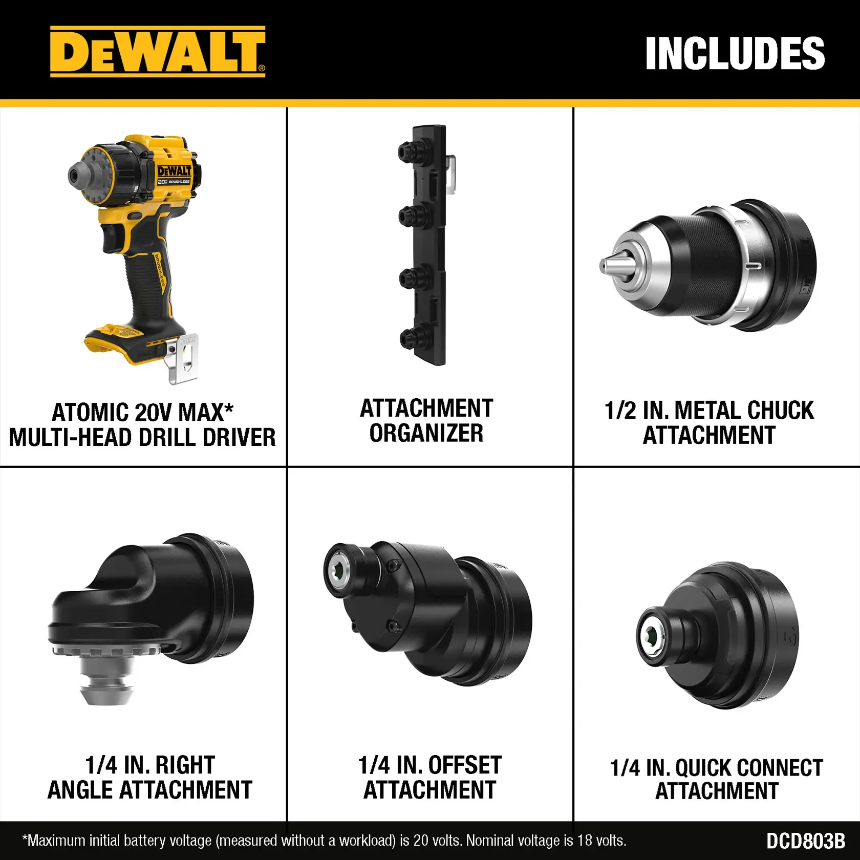 Image showing the contents included with the DEWALT Atomic 20V Max Multi-Head Drill Driver kit. Items depicted are: the drill driver, an attachment organizer, a 1/2 inch metal chuck attachment, a 1/4 inch right angle attachment, a 1/4 inch offset attachment, and a 1/4 inch quick connect attachment.