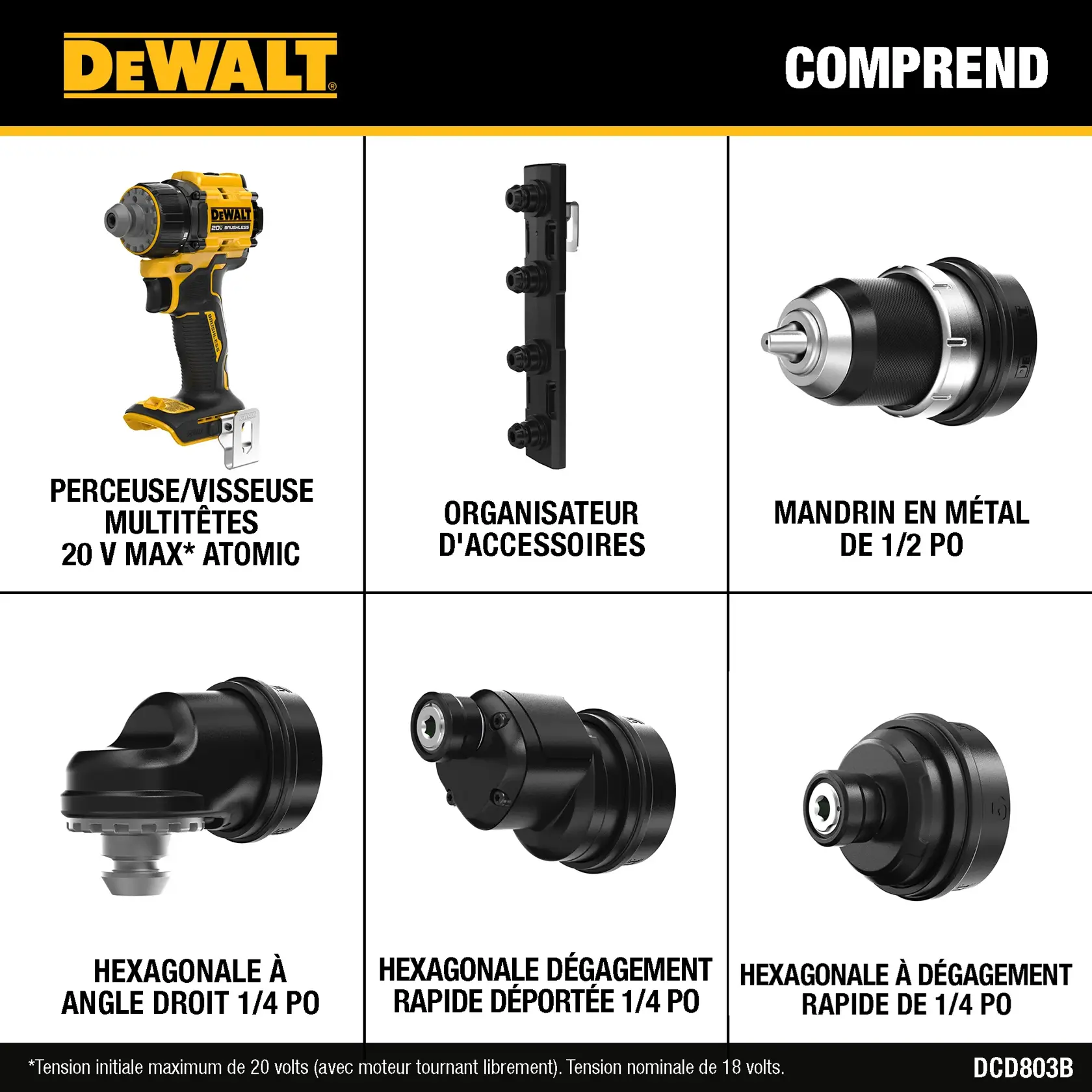 Image showing the contents included with the DEWALT Atomic 20V Max Multi-Head Drill Driver kit. Items depicted are: the drill driver, an attachment organizer, a 1/2 inch metal chuck attachment, a 1/4 inch right angle attachment, a 1/4 inch offset attachment, and a 1/4 inch quick connect attachment.