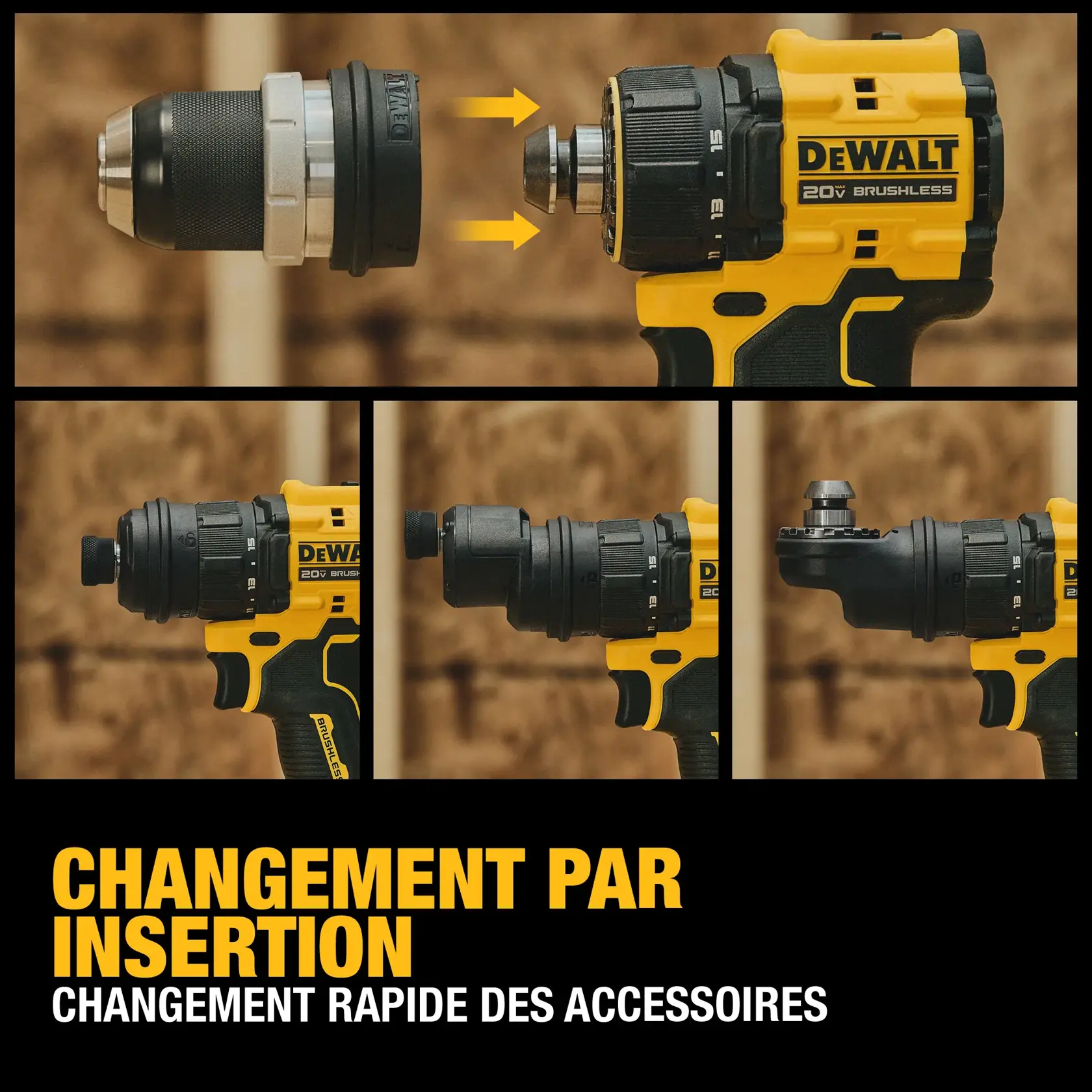 Image showing a DEWALT 20V brushless drill with a drop-in load mechanism. The top section demonstrates how to quickly change attachments with visual arrows, and the lower section displays three different attachment states. Text at the bottom highlights the 'Drop-In Load Mechanism' and 'Change Attachments Quickly.'