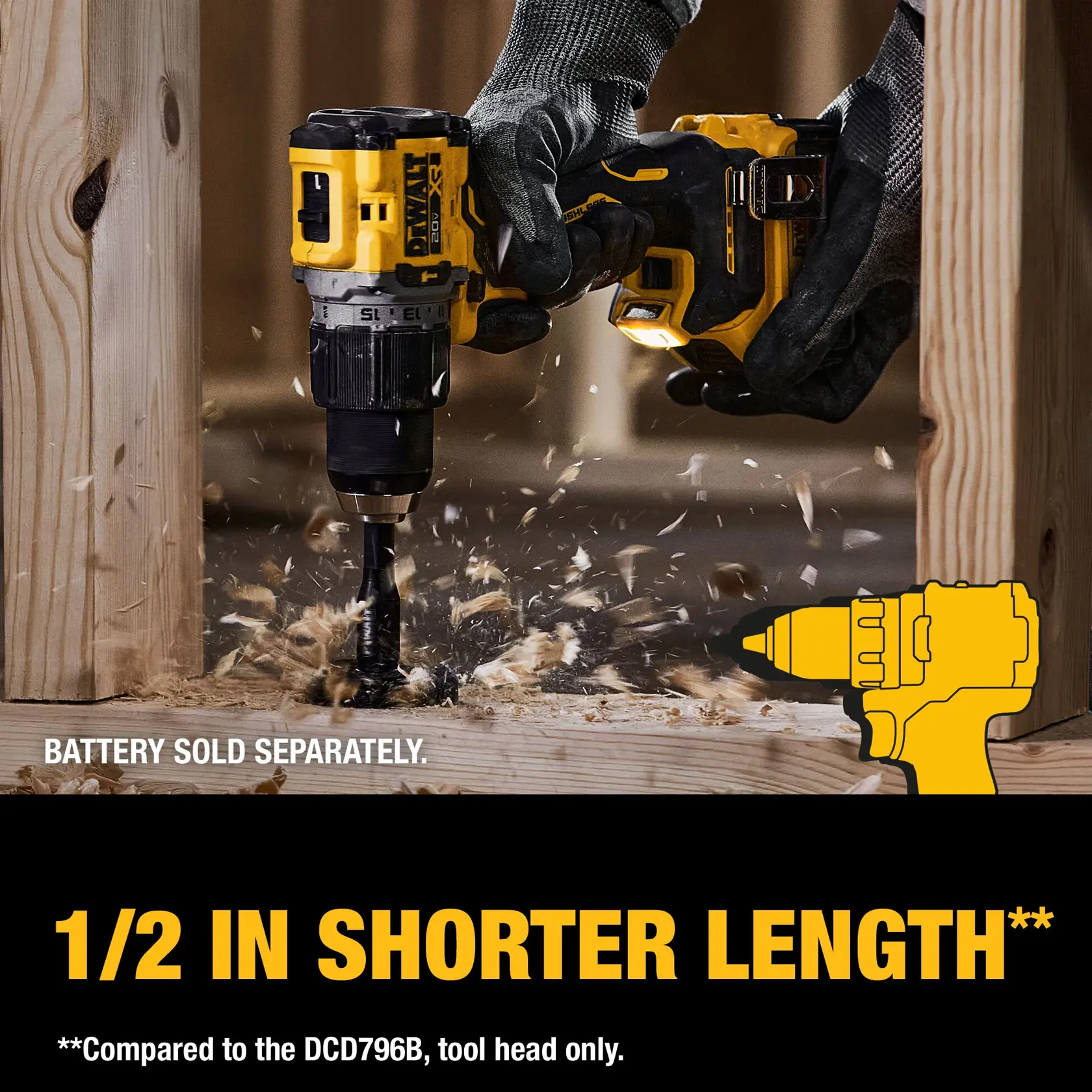 A person wearing gloves uses a DEWALT cordless drill to drill through a wooden plank, creating wood chips. The image highlights the tool's shorter length feature, with text stating 'Battery sold separately' and '1/2 in shorter length' compared to another tool model.