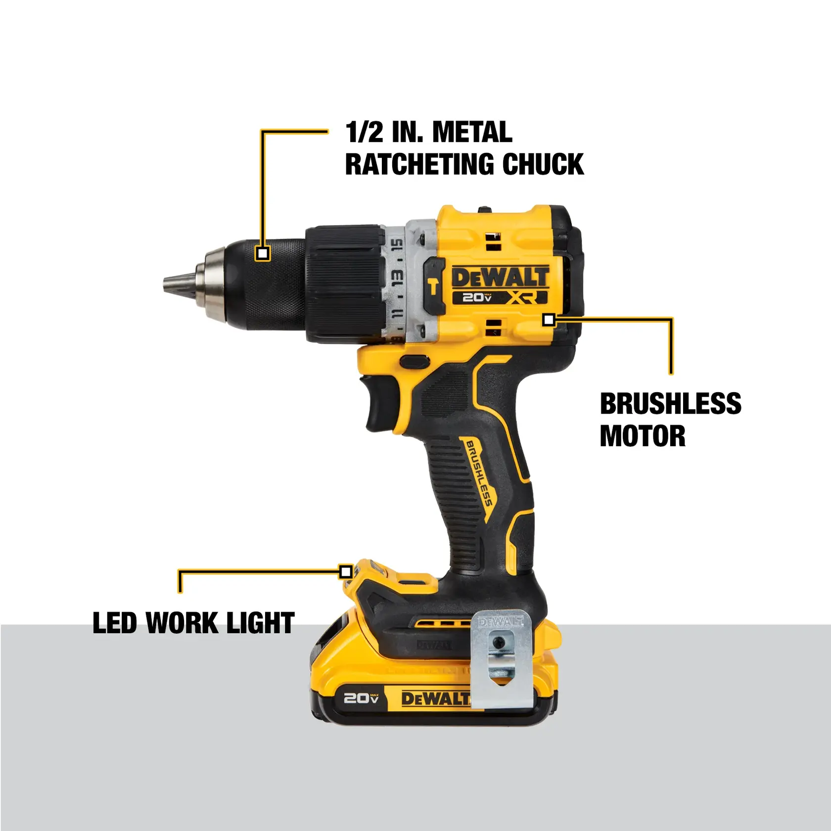 A DEWALT 20V cordless drill featuring a 1/2 inch metal ratcheting chuck, brushless motor, and an LED work light. The drill is yellow and black with labeled components.