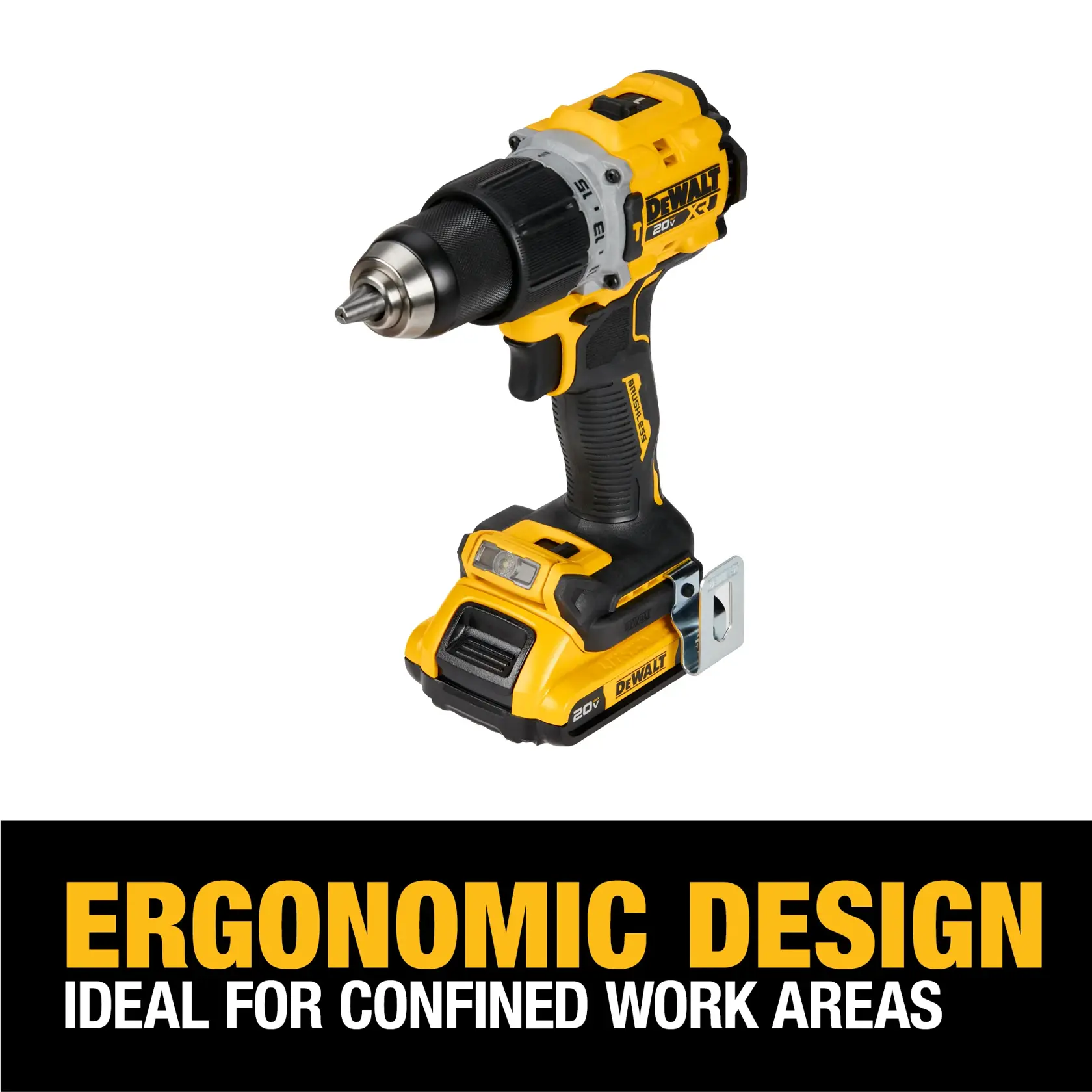A DEWALT 20V cordless drill with ergonomic design, shown on a white background above text stating 'Ergonomic Design - Ideal for Confined Work Areas'.