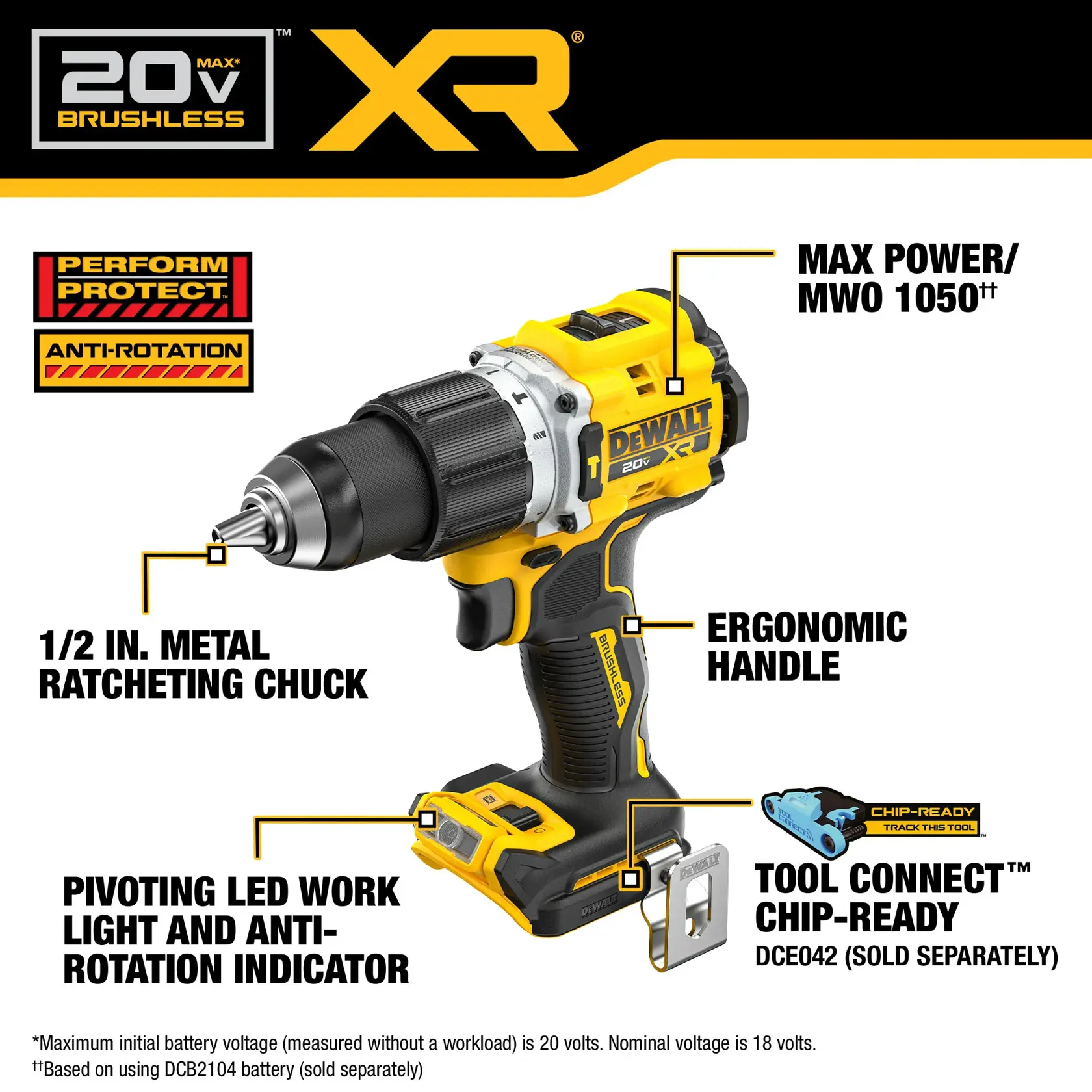 DEWALT XR 20V Max brushless cordless drill featuring a 1/2 inch metal ratcheting chuck, ergonomic handle, pivoting LED work light, anti-rotation indicator, max power of 1050 MWO, and compatibility with TOOL CONNECT chip (sold separately).